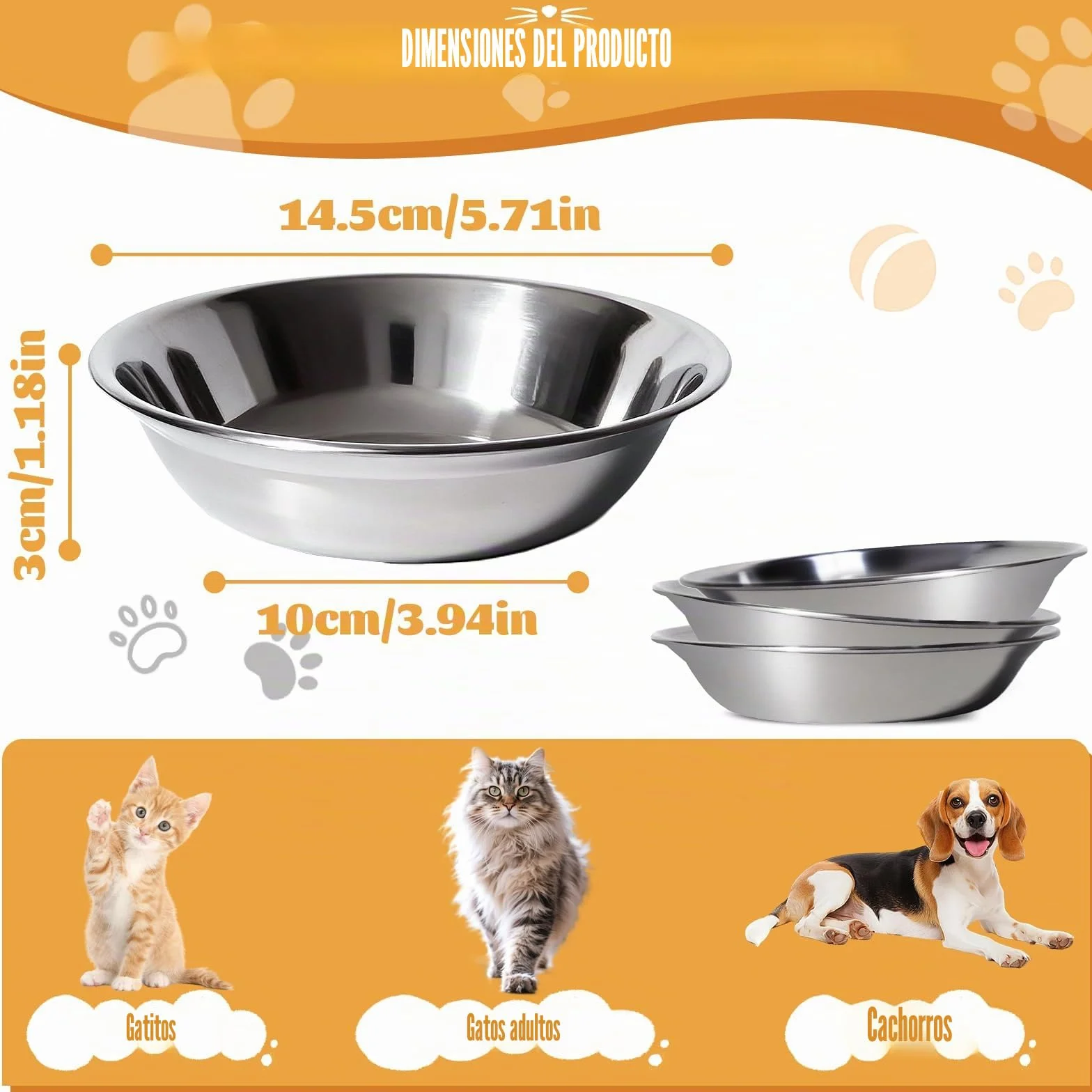 6 Piezas Cuenco para Gato Inoxidable 304, Cuenco Plano para Gatos Aliviar La Fatiga de Los Bigotes, para Alimentación de Cachorros Gatos 14,5 × 3 cm