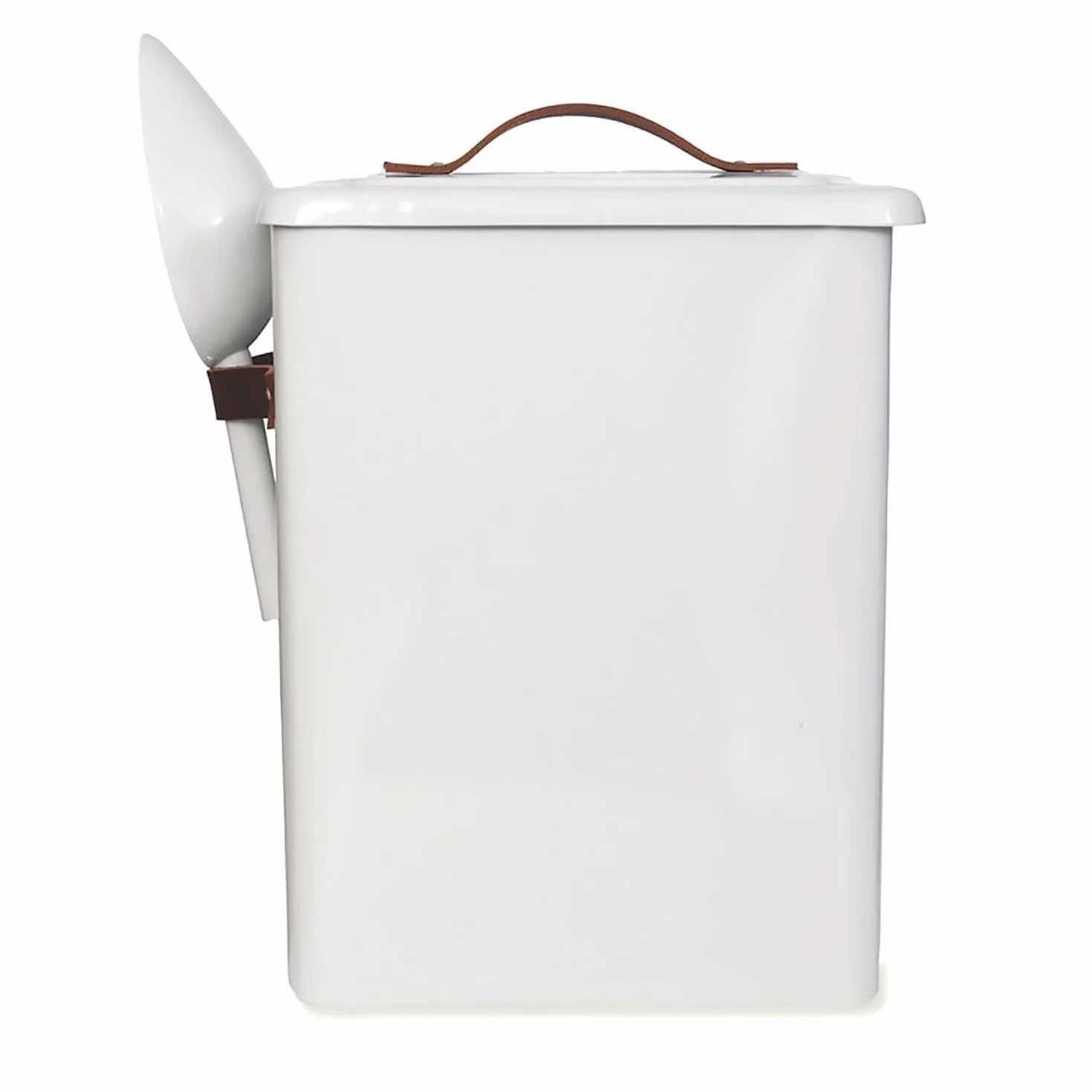 CKB LTD Caja de almacenamiento de alimentos para mascotas mediana con cuchara para perros y gatos y animales de metal, con tapa sellada, mango de cuero, hecho de acero de giza, 7 kg: 34 x 25 x 19 cm