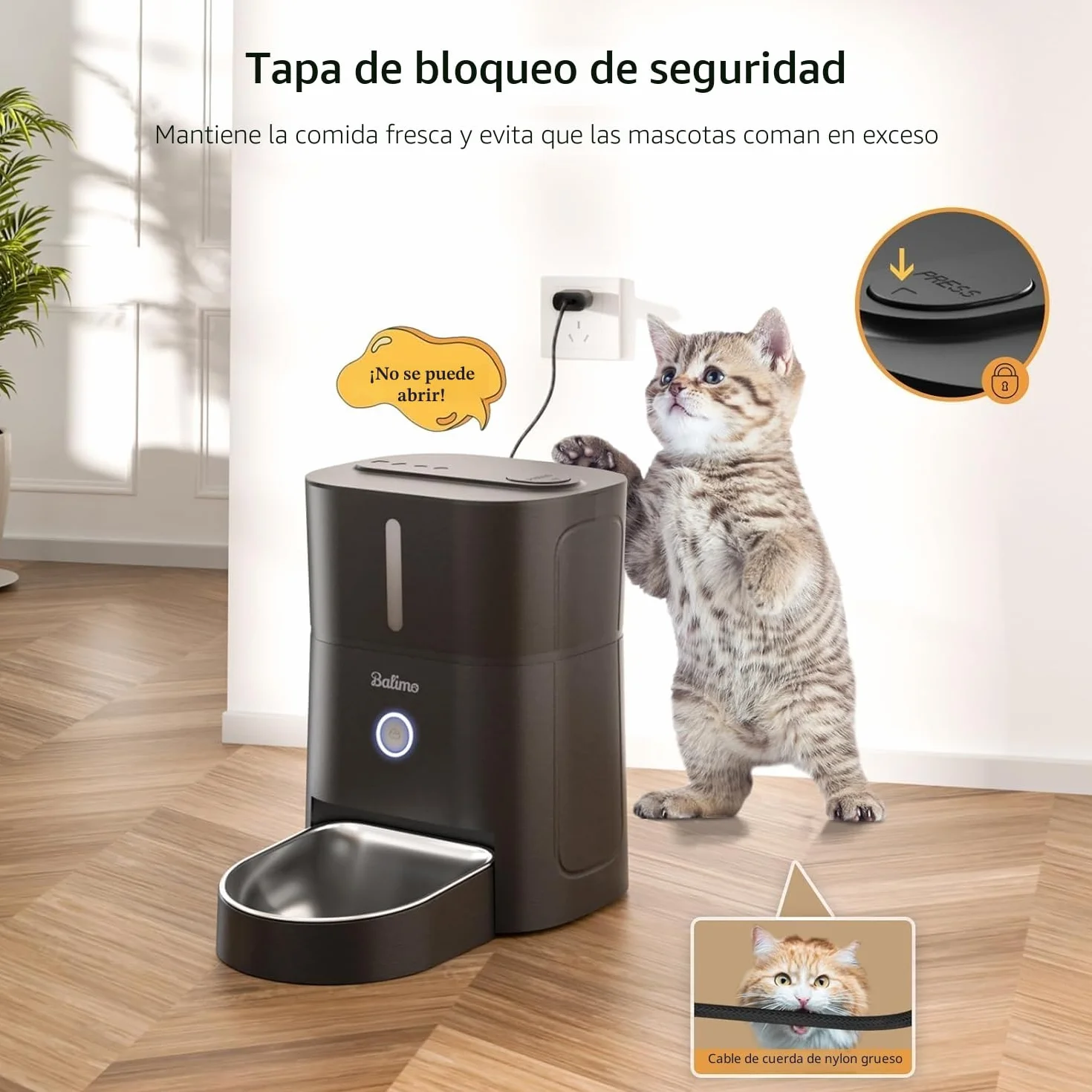 Balimo Comedero Gato Automatico, 2.4G WiFi Dispensador Comida Gatos, 3L Comedero Automatico Gato, Bol de Acero Inoxidable 304, 1 a 10 Comidas, Negro