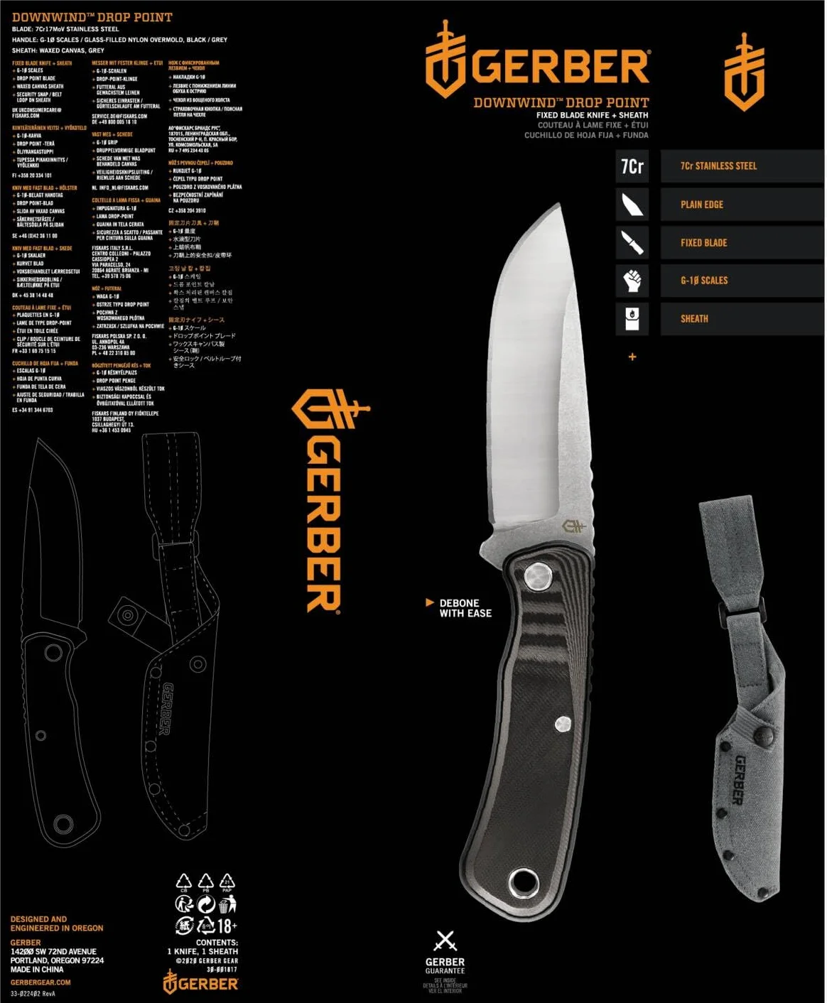 Gerber Cuchillo de supervivencia con funda Downwind Fixed DP, 10,8 cm, G10/7Cr17MoV, Negro