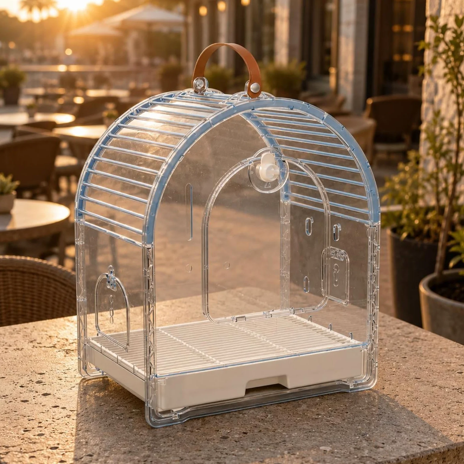 Jaula de Viaje Transparente Gran Espacio Jaula con Asa Ligero Transportador de Aves Transpirable para Salidas, Azul Claro, Mediano