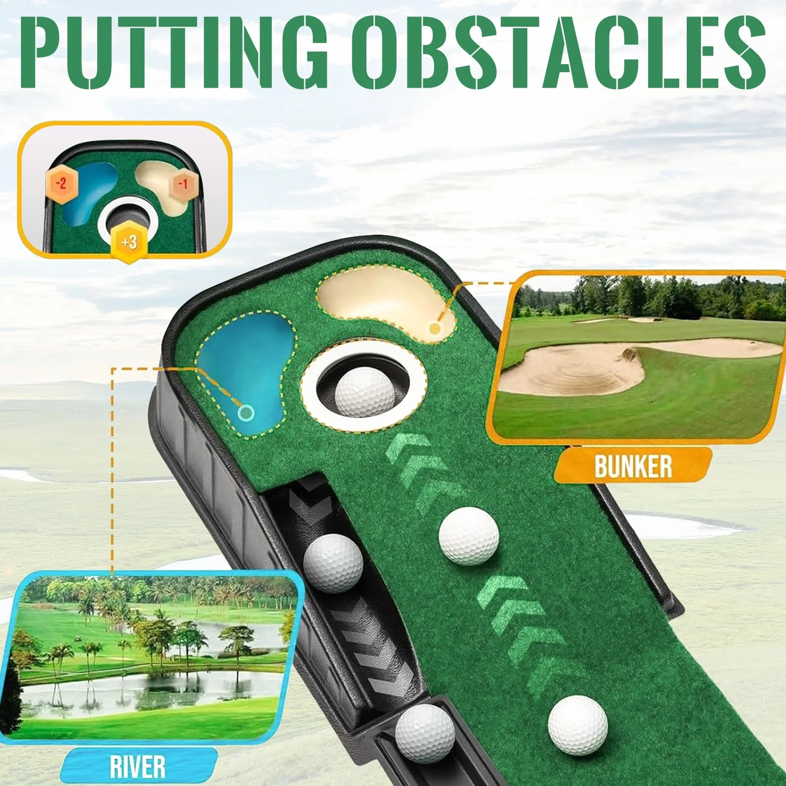 Juego de tapete de golf para interiores verde con bola automática y 3 agujeros ayuda de entrenamiento práctica