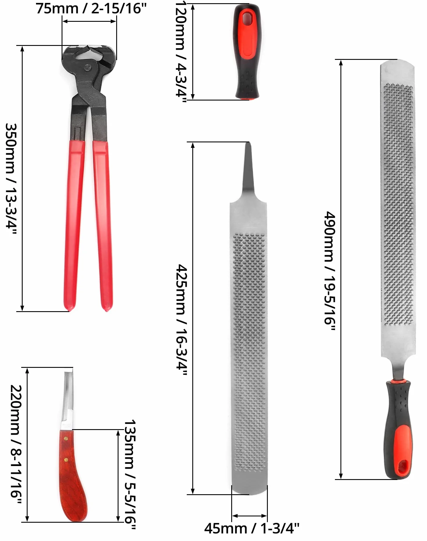 QWORK® Juego de 3 Herramientas de Herrador para Cuidado de Cascos, Cuchillo para Pezuñas, Cortadora y Escofina para Recorte y Limpieza