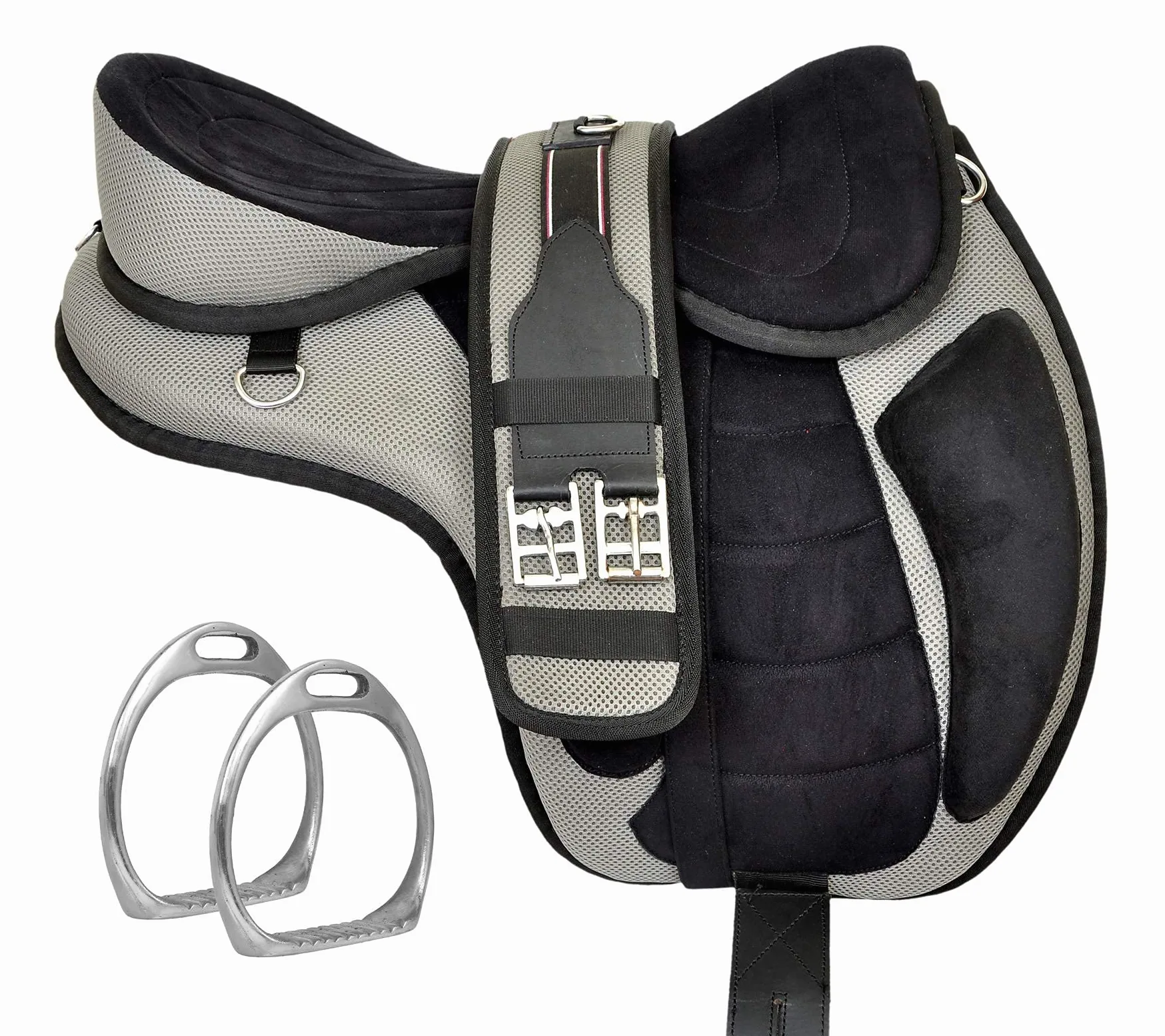 EU Equestrian Universe - Sillín de caballo sintético sin árboles Freemax Western tamaño obtener una circunferencia a juego y un juego de estribo de aluminio