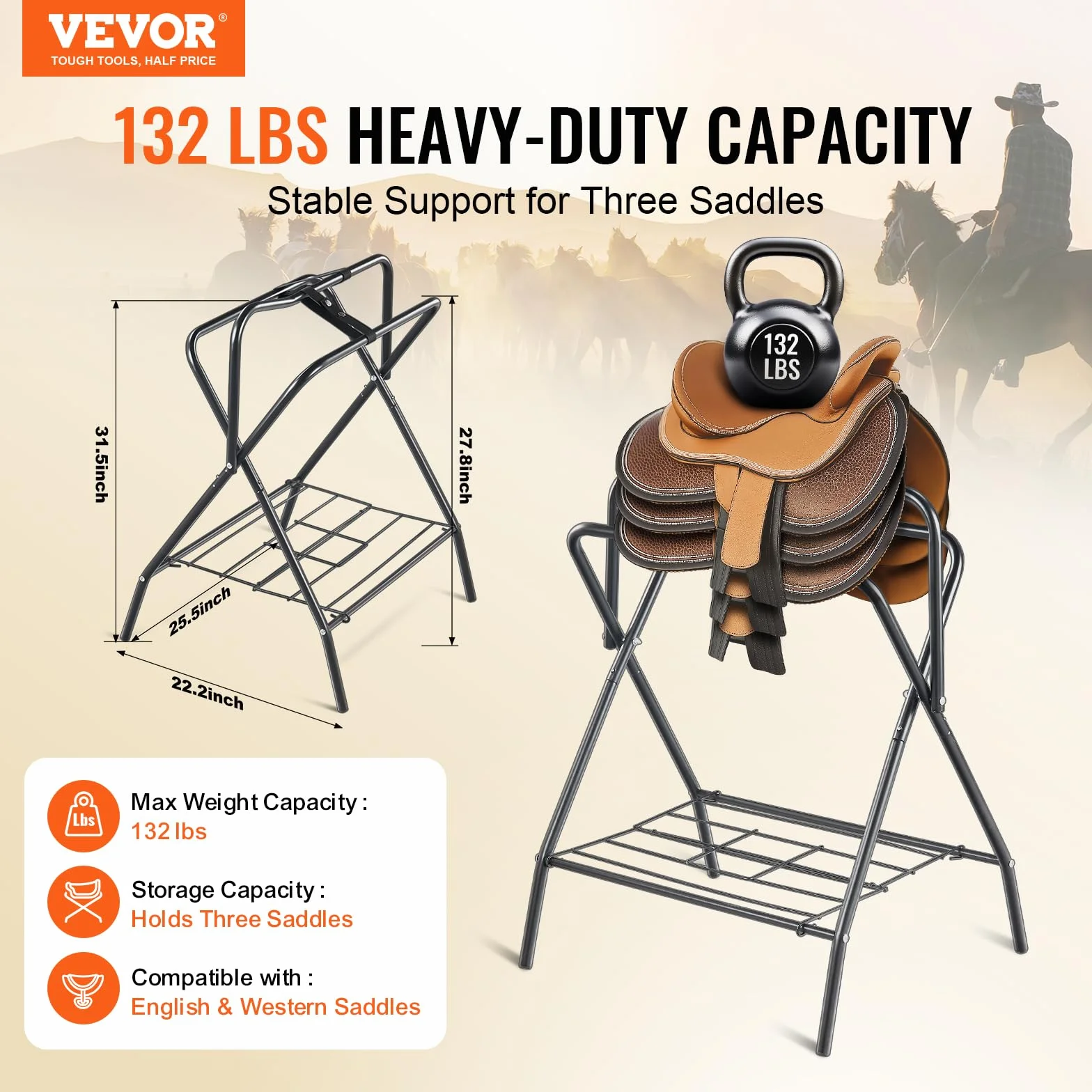VEVOR Soporte Plegable para Sillín de Caballo de 71 x 48 x 95 cm, Soporte Independiente para Mantas de Caballo Carga de 60 kg, Soporte de Acero Resistente para Sillín Inglés y Occidental, Negro