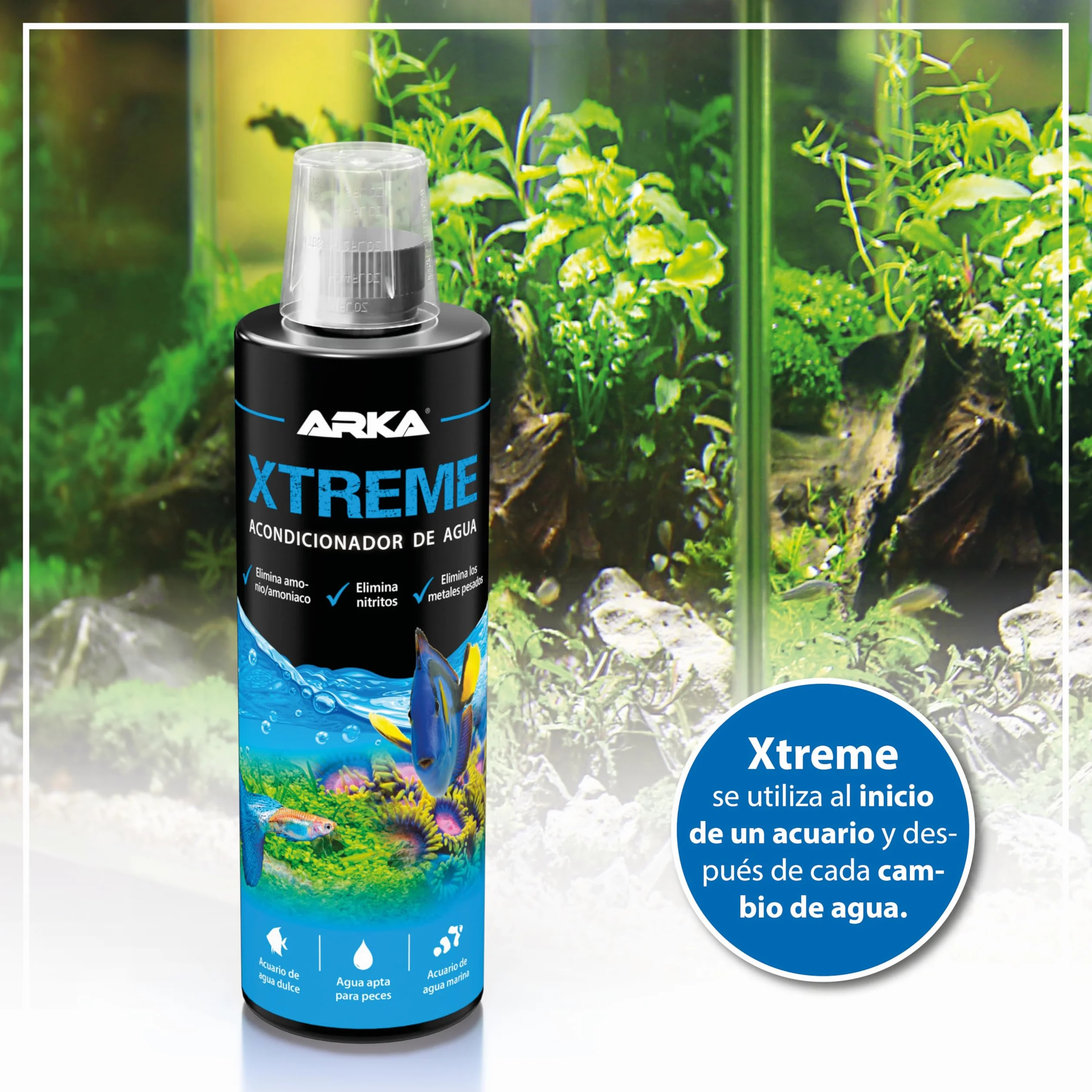Acondicionador de Agua para Acuario 118 ml – ARKA Xtreme – Elimina Cloro, amoníaco y nitrito – neutraliza Metales Pesados – Ideal para Cambios de Agua y nuevos acuarios