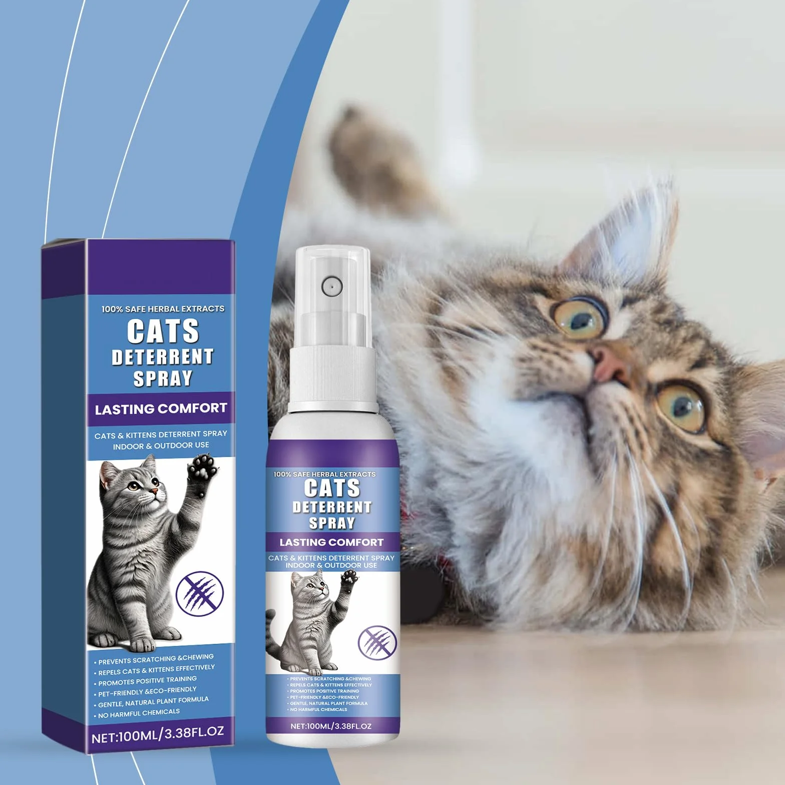 Spray Antiarañazos Gatos,100ML Spray Repelente Gatos para en Interiores y Exteriores,Sprays Ahuyentador de Gatos Que Rascan Interiores y Exteriores,Protege Muebles