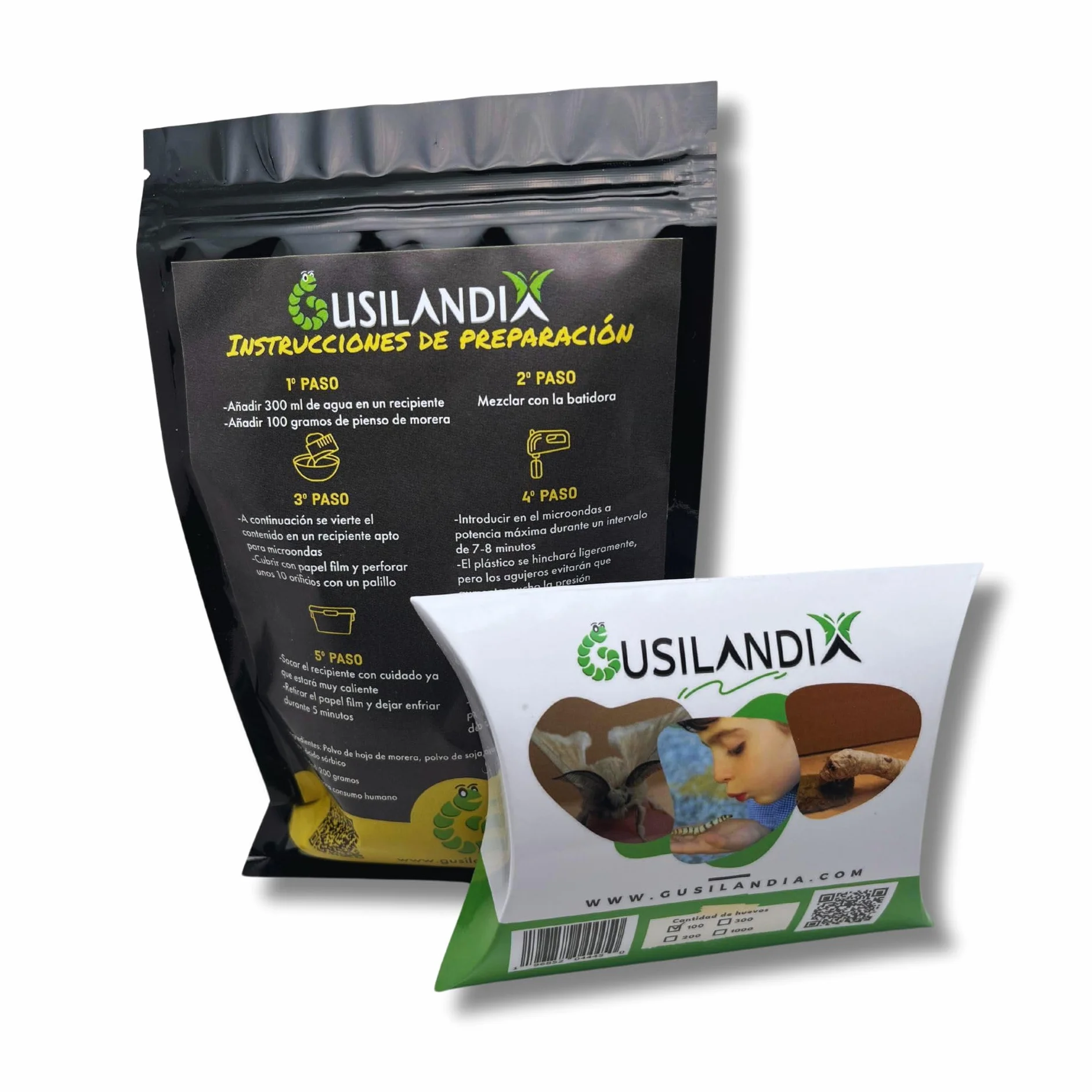 Kit Gusanos de Seda y pienso de Morera – Eclosión rápida -100 Huevos y 200 Gramos de Comida