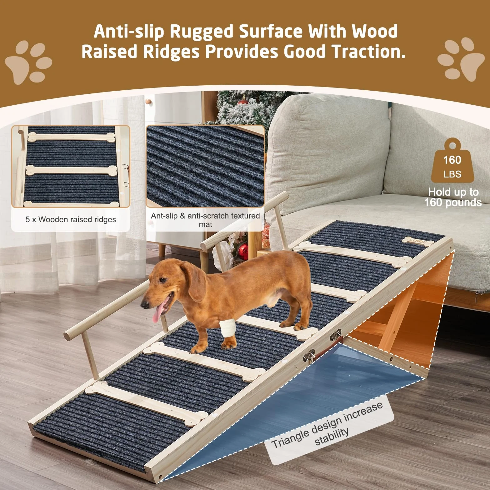 Rampa de madera para perros para cama alta, rampa antideslizante de 120 cm de largo para sofá, 6 alturas ajustables de 40 a 71 cm con alfombrilla de tracción antideslizante para perros pequeños,