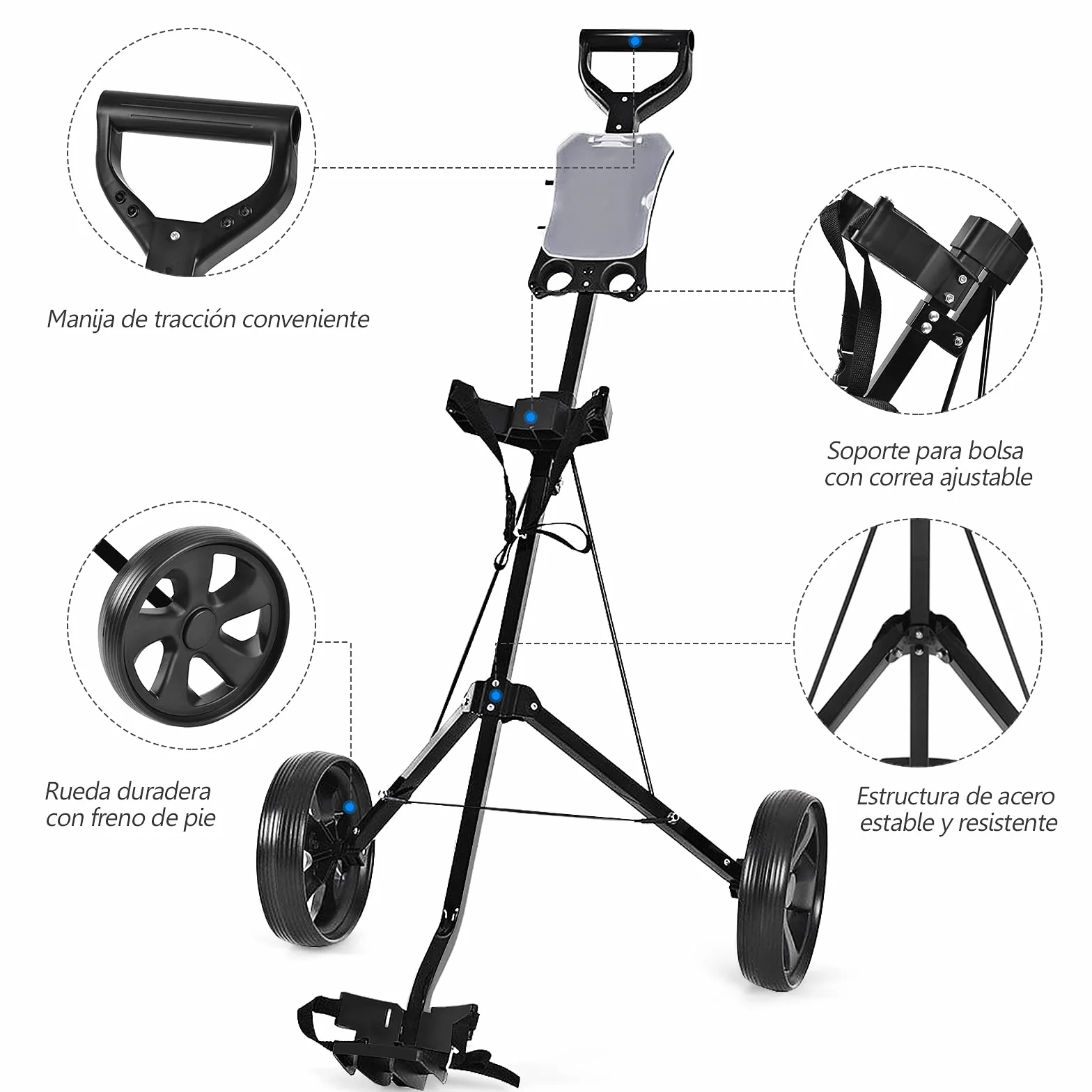 COSTWAY Carrito de Golf Plegable con 2 Ruedas, Estructura de Metal, Negro