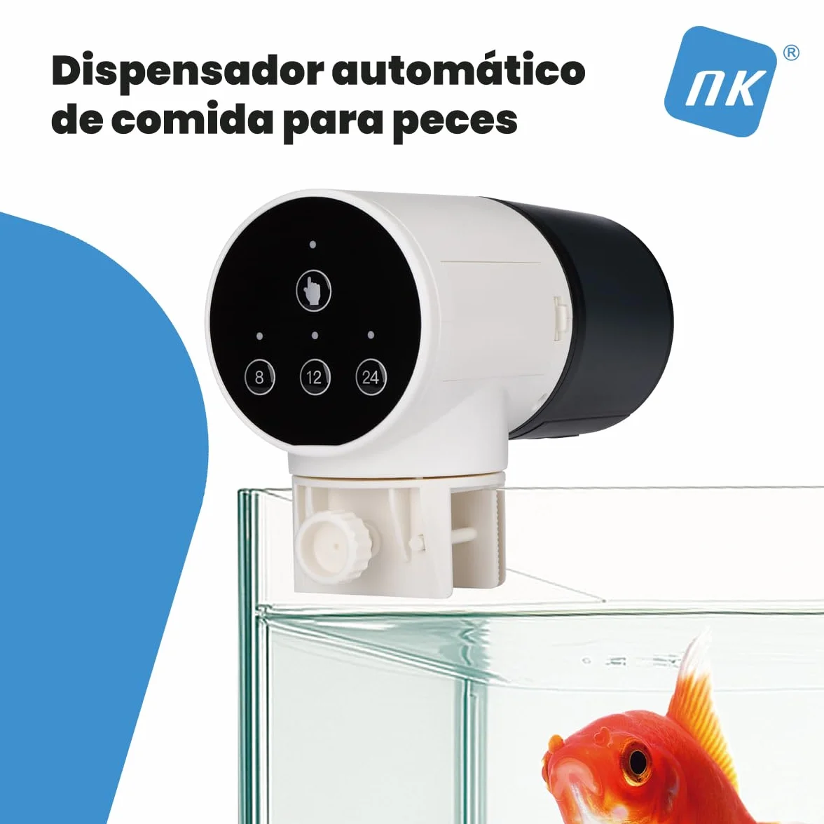 NK Dispensador Automático de Comida para Peces – 200 ml, Pantalla LCD, Programable en Modo Manual/8H/12H/24H, Soporte Giratorio 360°, Control por Botón y Sistema de Fijación Estable