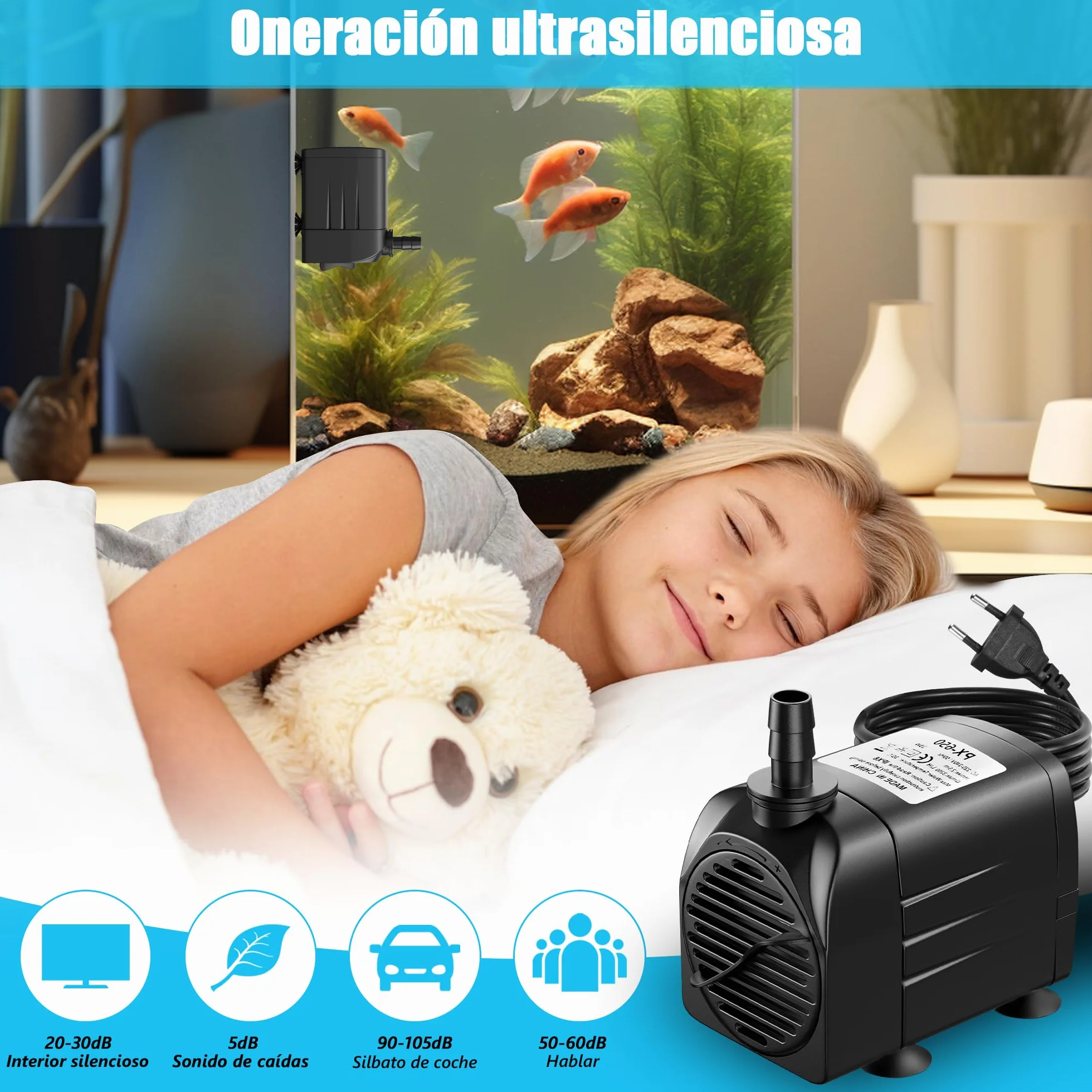 Lniz Bomba de agua 45 W 3200 L/H Bomba de acuario ultra silenciosa, bomba sumergible con 1,8 m, cable, 4 boquillas bomba de agua para fuentes, jardines, bañeras, estanques
