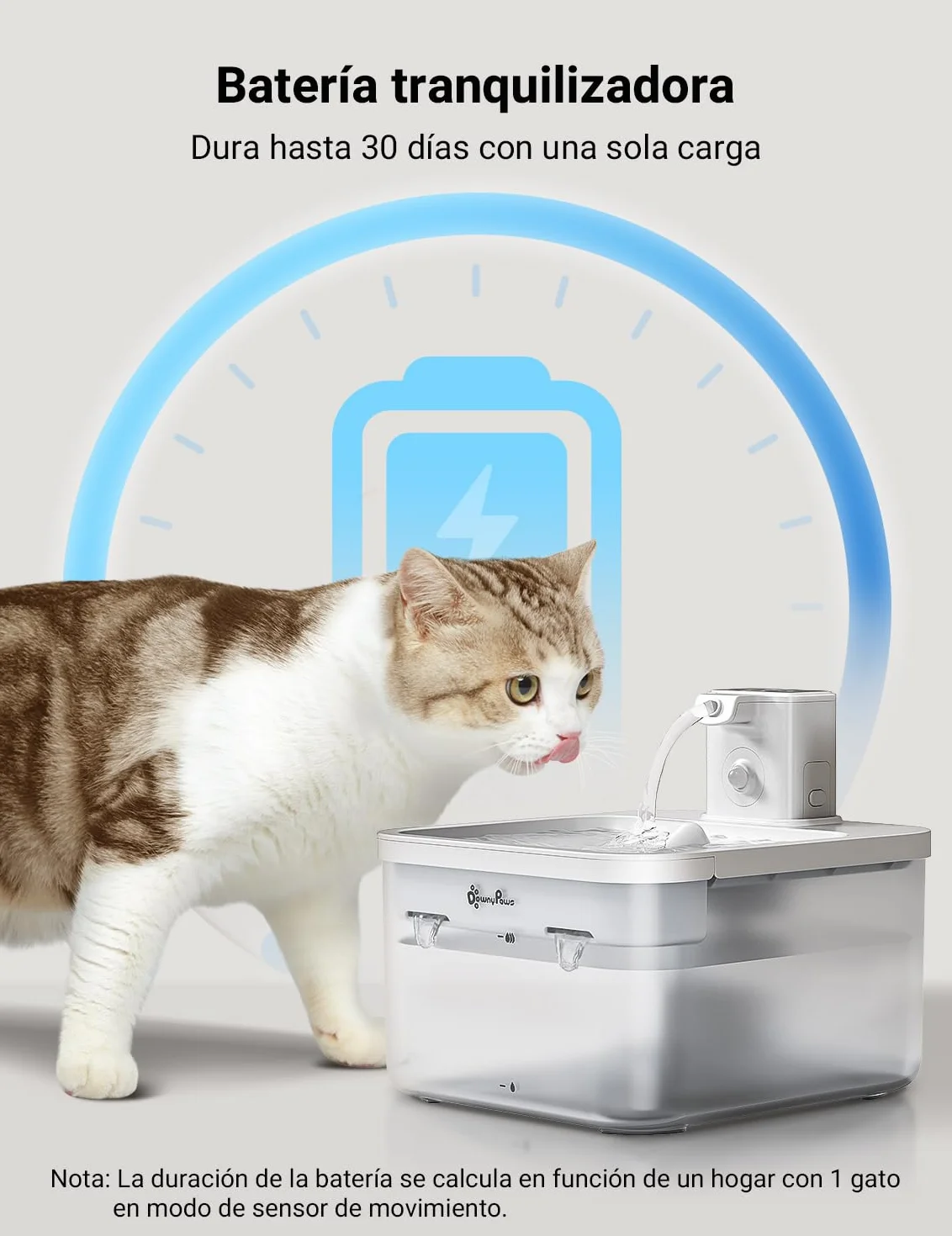 DownyPaws Fuente para Gatos Sin Cable, 2.5L Bebedero Gato con Sensor de Movimiento, Fuente Agua Gato Inalámbrica, Batería Recargable 4000mAh, Bomba de Agua Silenciosa, Blanco