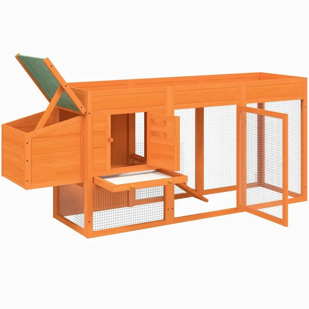 Gallinero de madera maciza de pino, establo para animales pequeños con nido, caño y rampa, gallinero para pollos, conejos y codornices, marrón verde, 204 x 50 x 84 cm