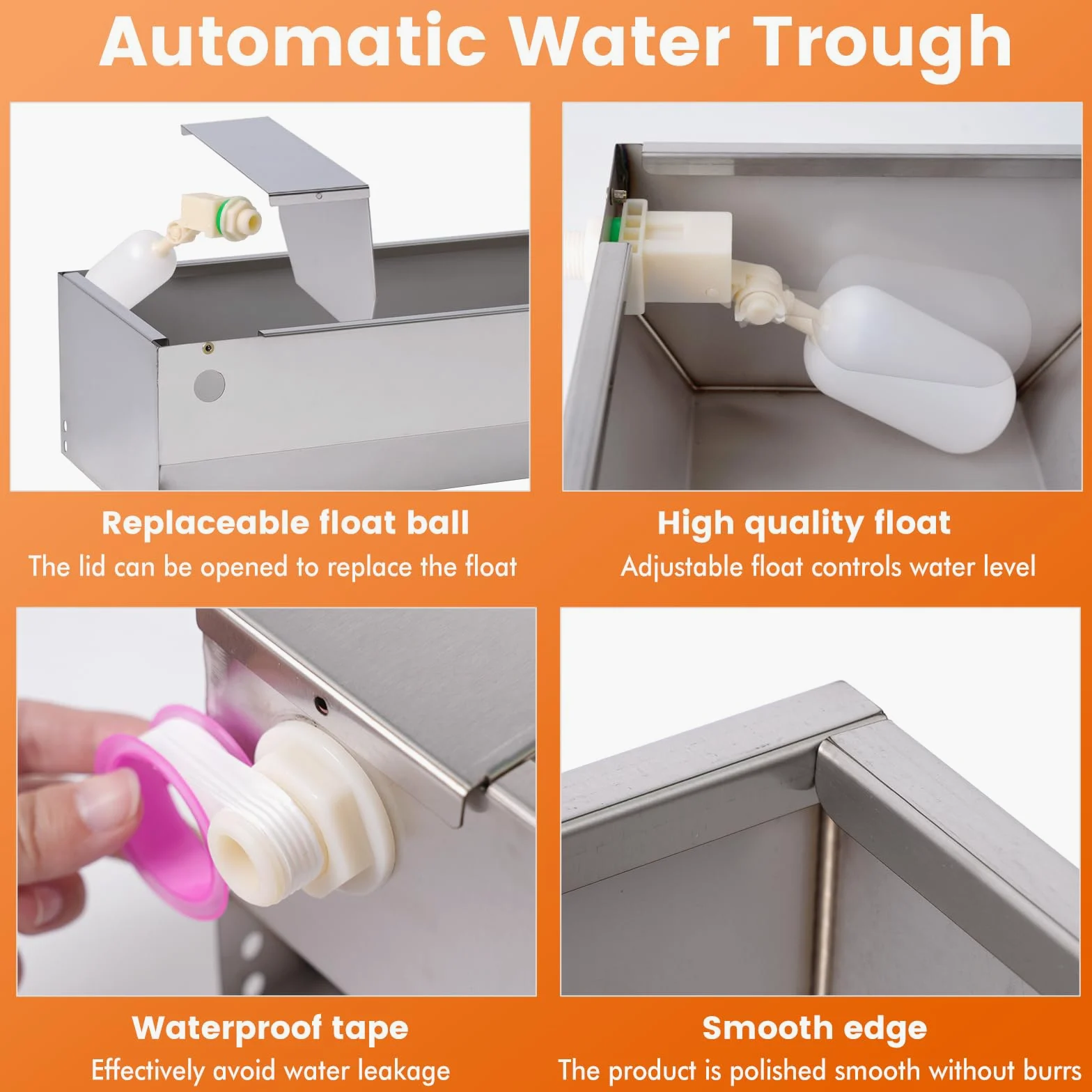 Canal automático de agua para ganado, tanque de agua para perros de gran capacidad, dispensador de cuenco de agua potable de acero inoxidable con kit de válvula flotante para caballo, cabra,