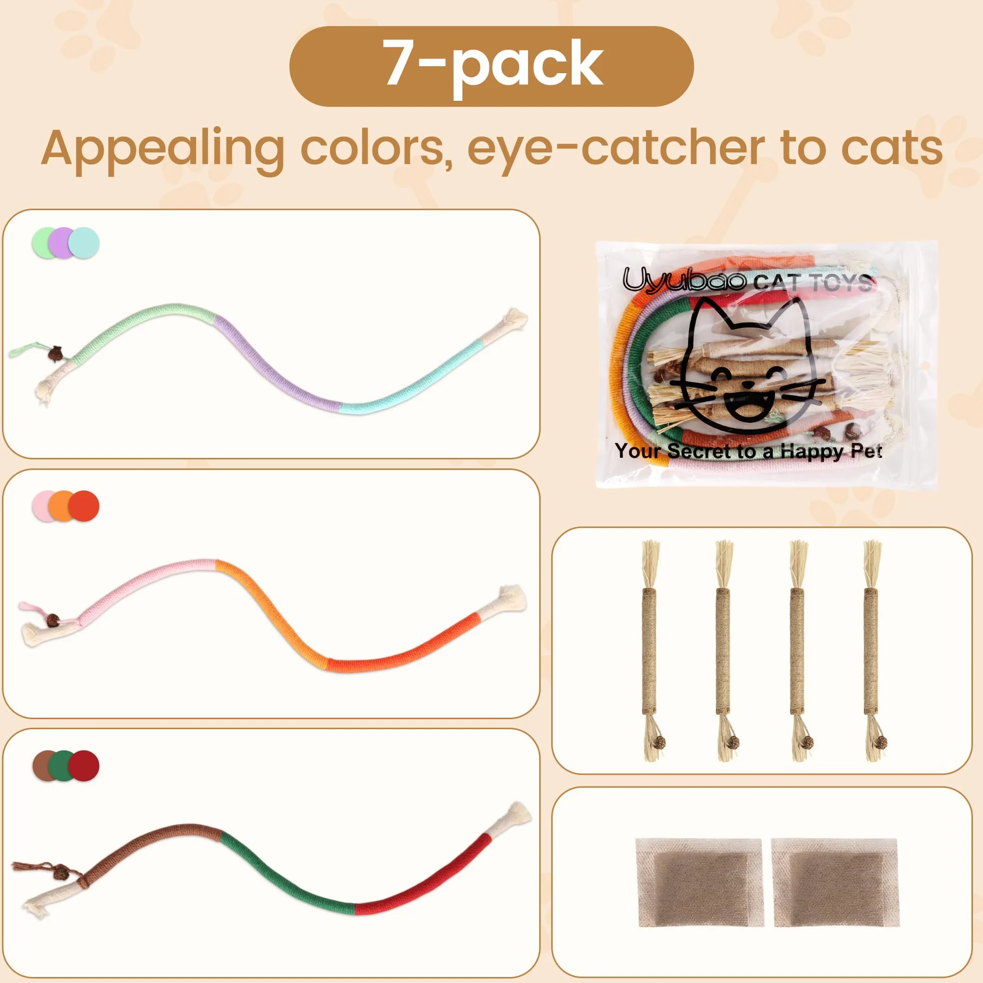 Juguetes para gatos, 7 cuerdas masticables para gatos y palos de vid plateada para gatos con hierba gatera natural y vid plateada, juguetes de limpieza segura de dientes para gatitos de