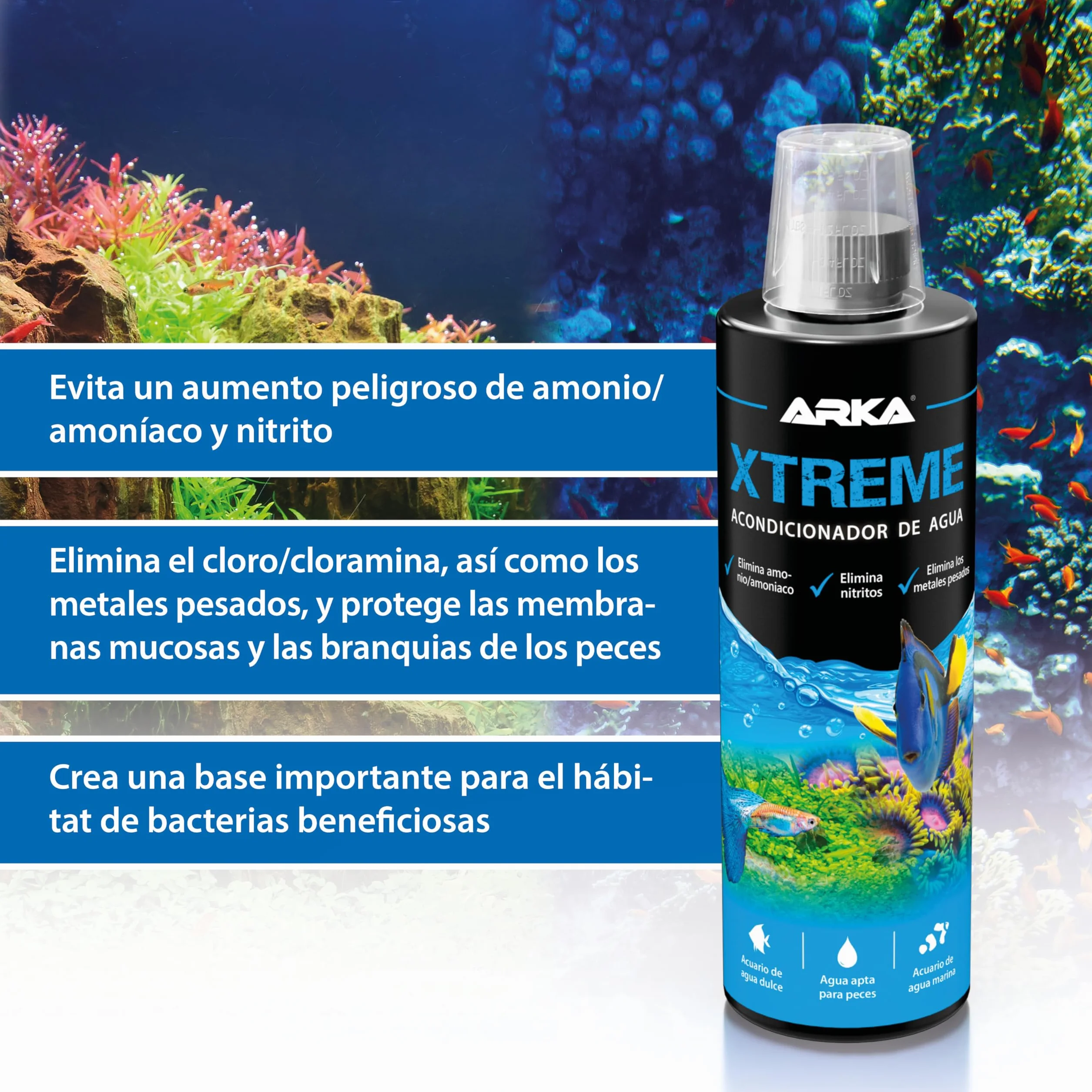 Acondicionador de Agua para Acuario 118 ml – ARKA Xtreme – Elimina Cloro, amoníaco y nitrito – neutraliza Metales Pesados – Ideal para Cambios de Agua y nuevos acuarios