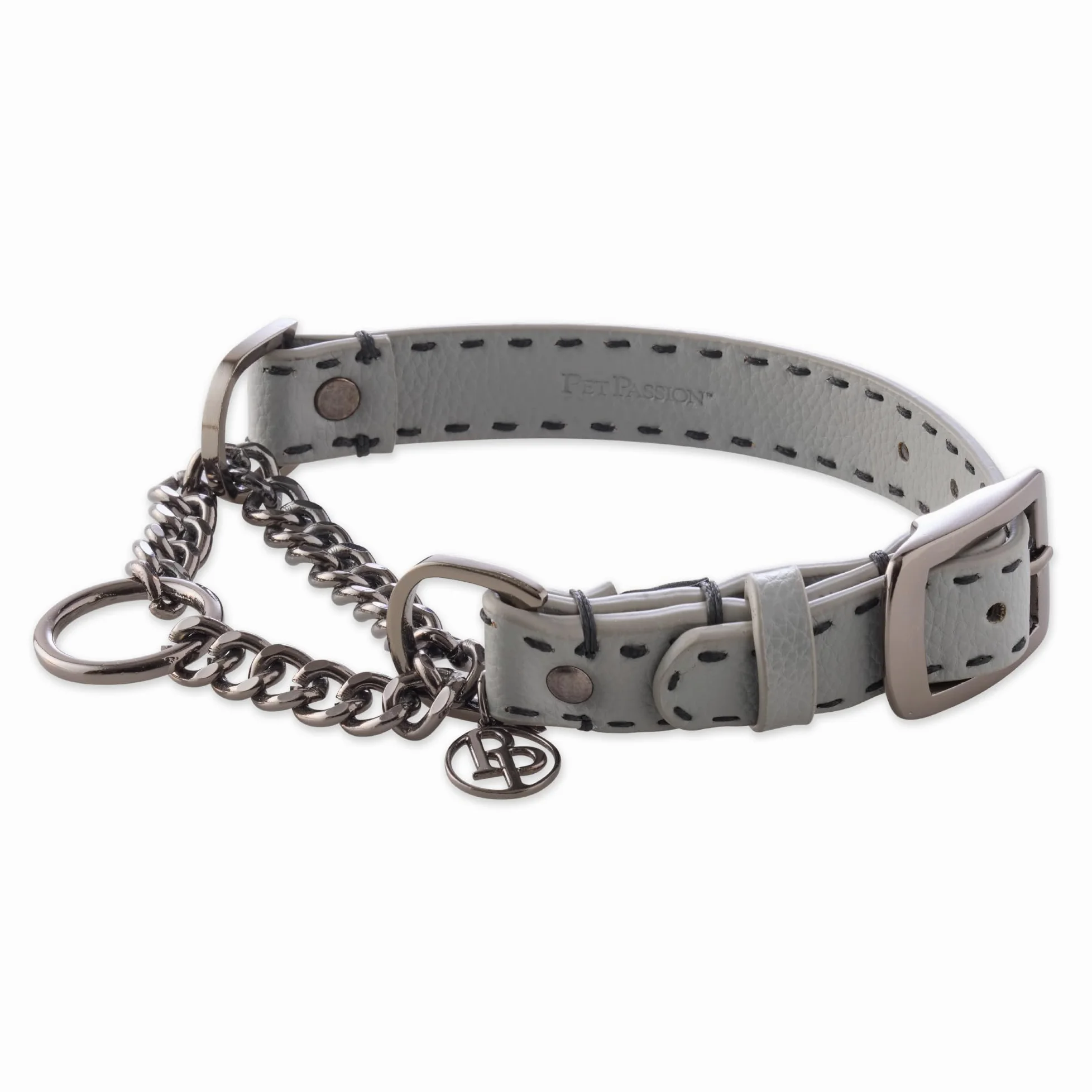 Pet Passion Rein - Collar Ajustable de Cuero Vegano Martingale sin tirones para Entrenamiento de Mascotas, para Cachorros, Perros pequeños, medianos y Grandes, Gris, Grande