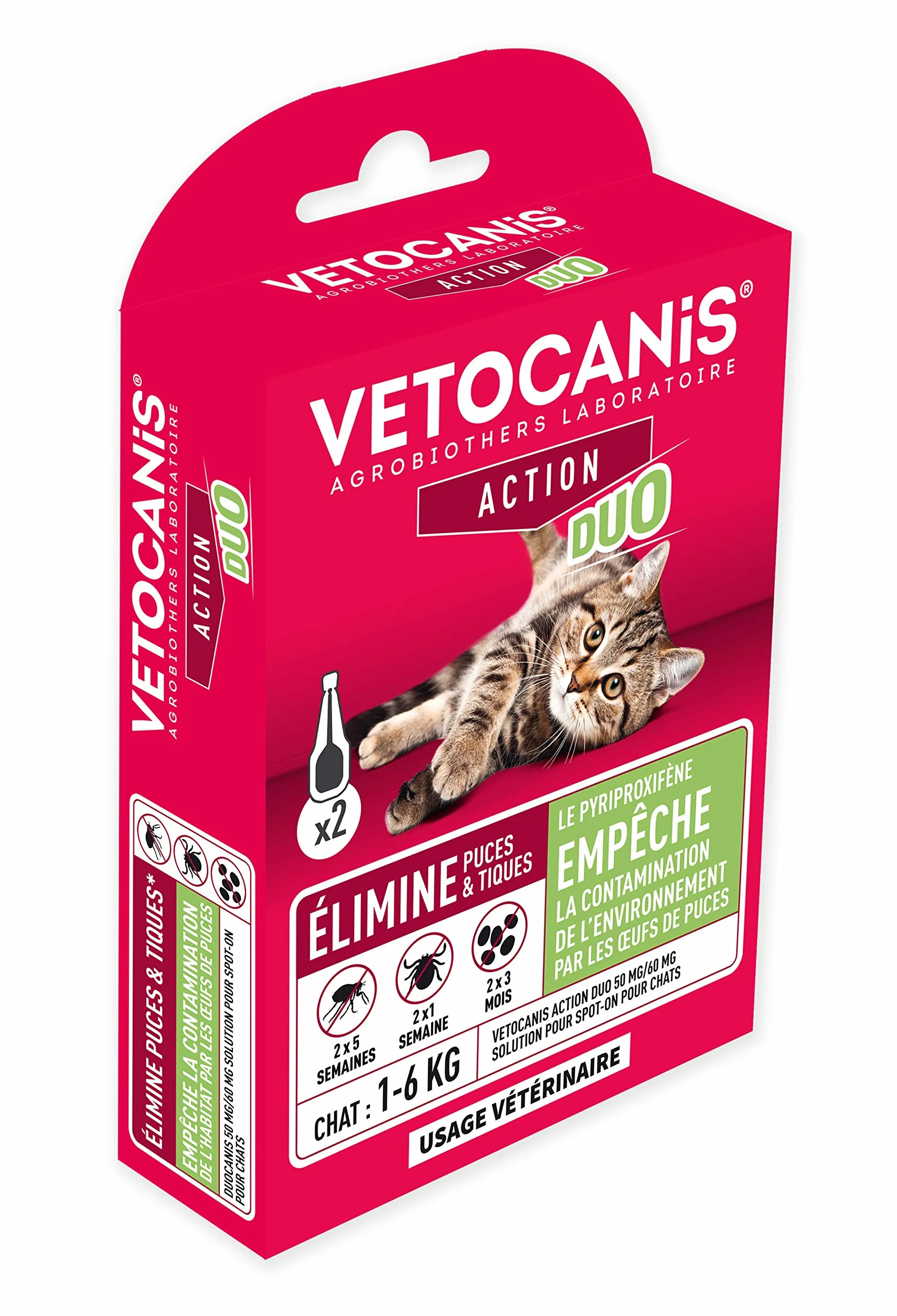 Vetocanis - Pipeta antipulgas antigarrapatas Gato - Tratamiento y protección contra plagas Gato 1-6 kg y hábitat - Caja de 2 pipetas