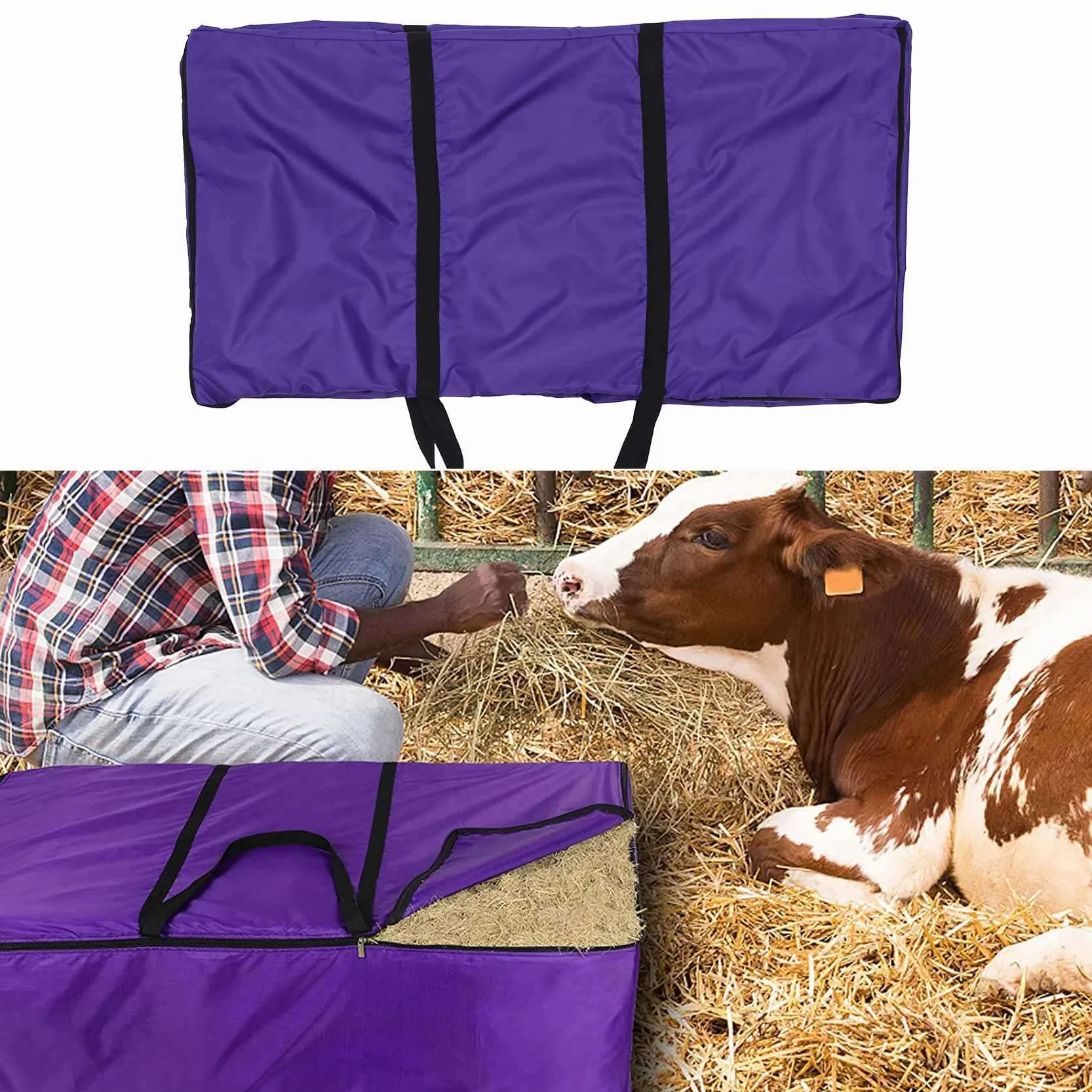 Bolsa de almacenamiento de pacas de heno, bolsa de transporte extra grande, plegable, portátil, para caballos y ganado, bolsas de heno con cremallera impermeable