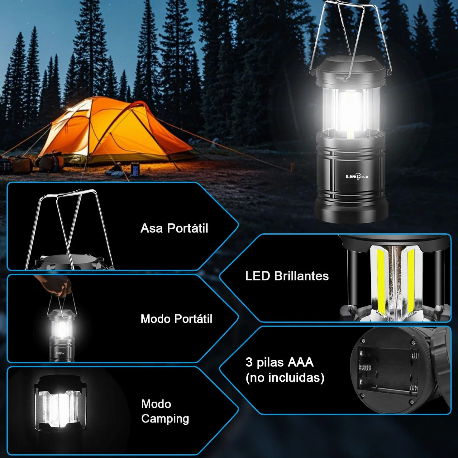 Linternas LED recargables plegables para camping emergencia huracán negro
