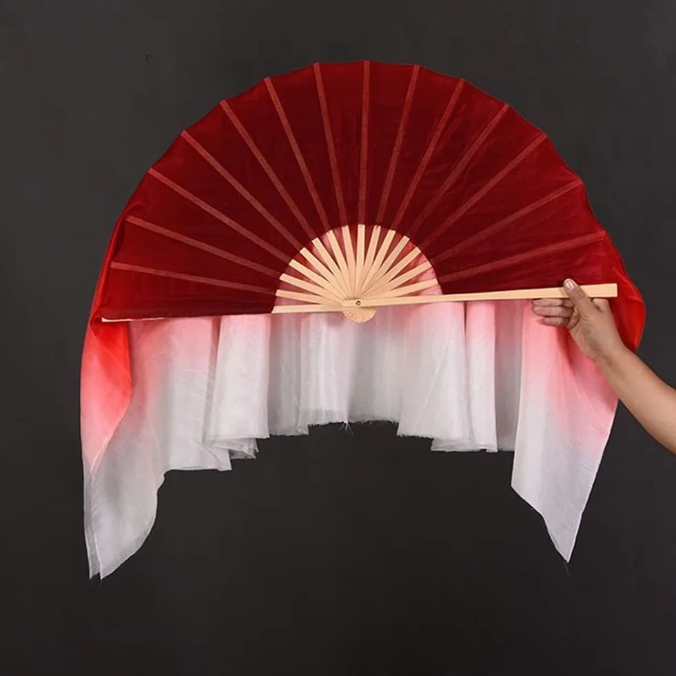 Velos de Abanico Doble de Medio Círculo Rojo Seda para Danza Folclórica Mujer 1 Par