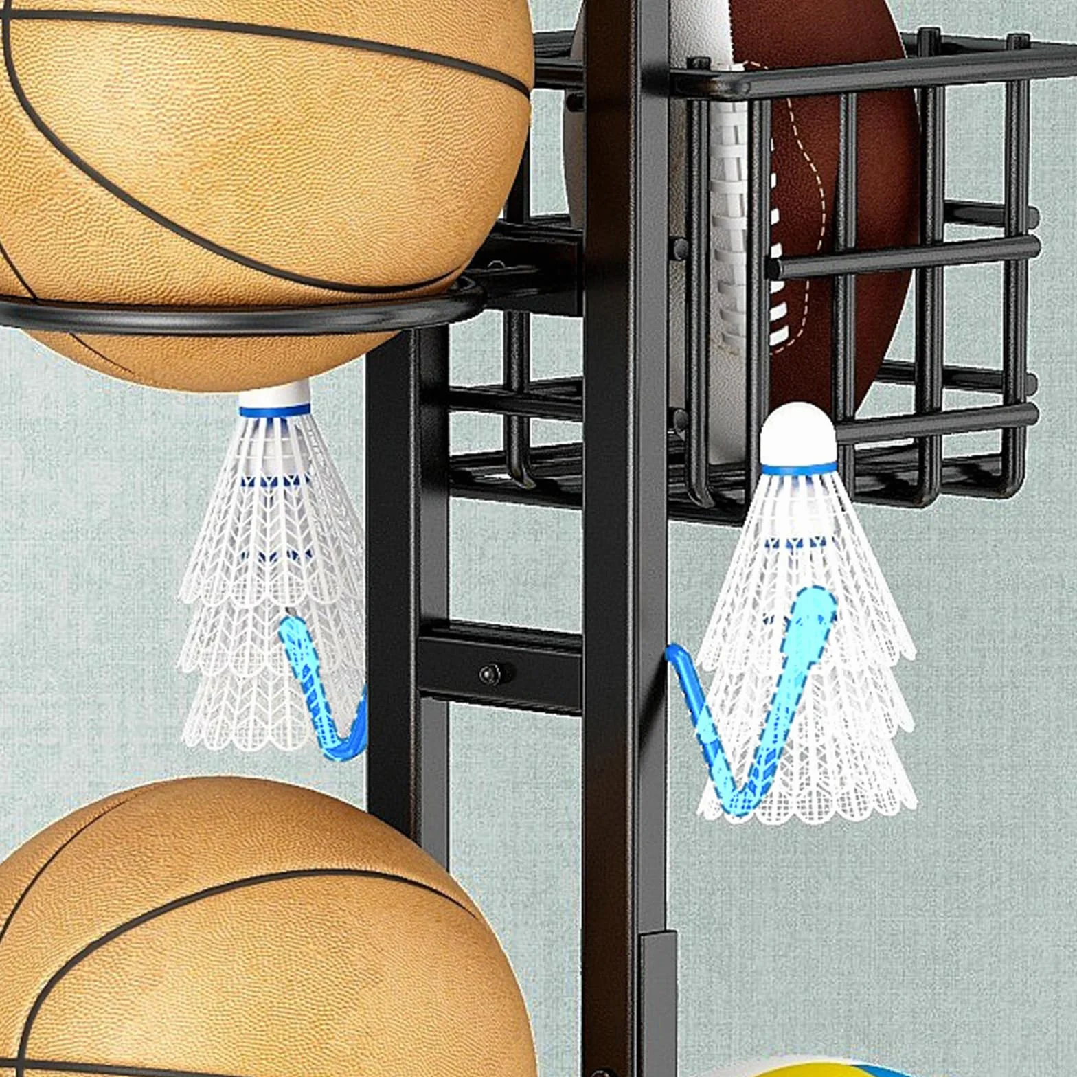 Soporte de bolas para rodamientos verticales rack baloncesto almacenamiento multicapa con cesta y ganchos