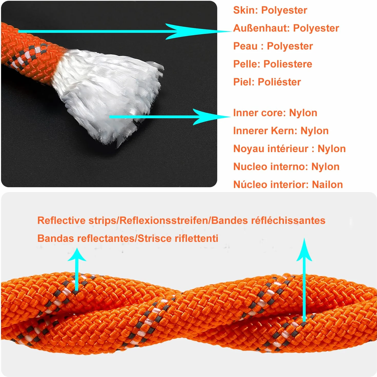 Cuerda estática 8 mm 20 m reflectante naranja para rappel rescate vela amarre