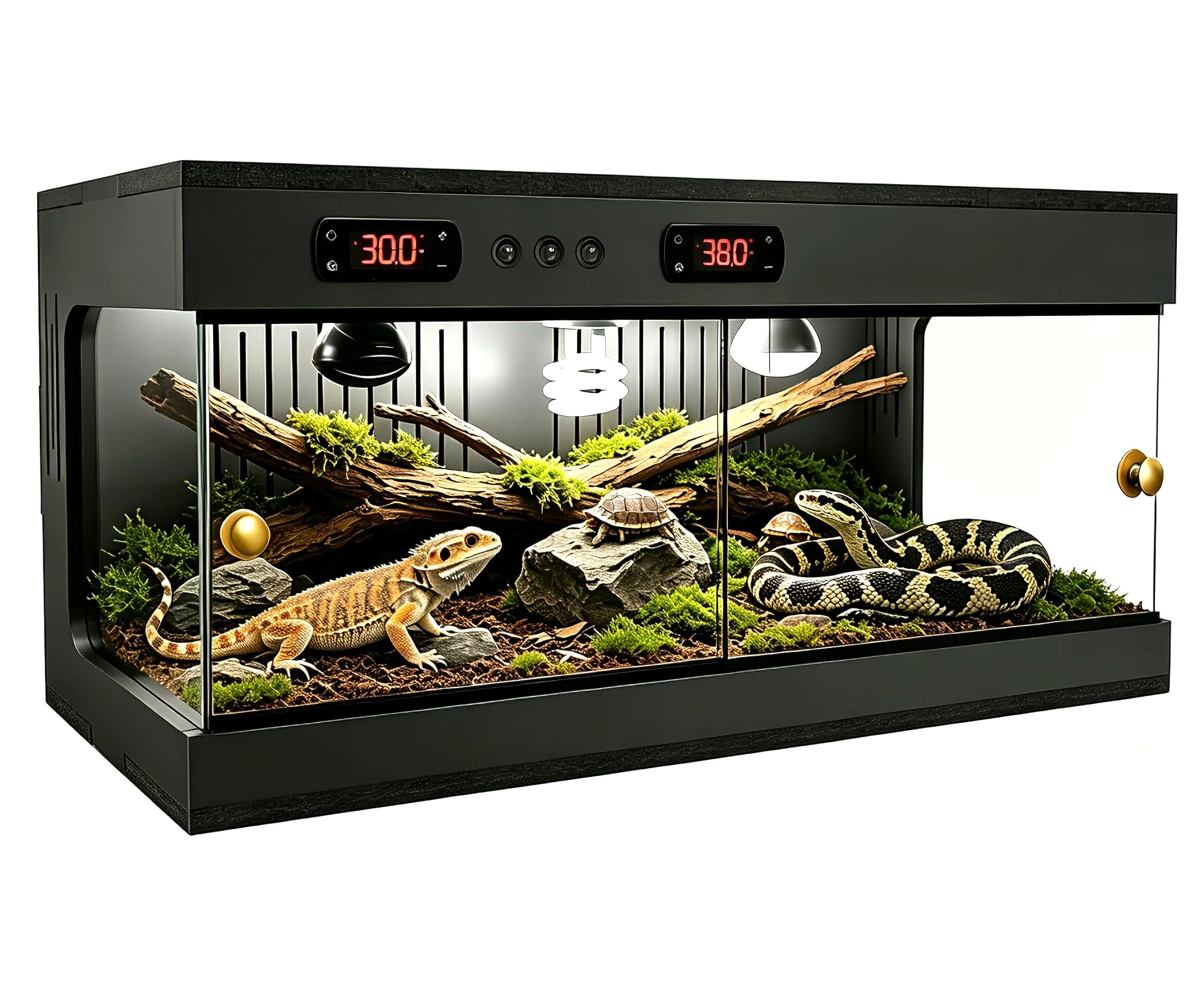 Vivario de reptiles de 80 x 40 x 40 cm, terrario de reptiles con termostato dual y soporte de lámpara de cerámica, ventilación de 3 lados, recinto apilable de vidrio para reptiles de dragón barbudo