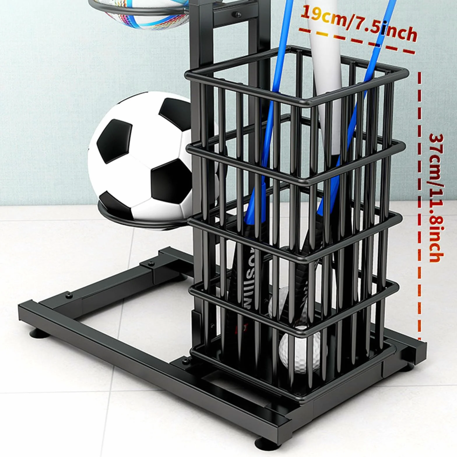 Soporte de bolas para rodamientos verticales rack baloncesto almacenamiento multicapa con cesta y ganchos
