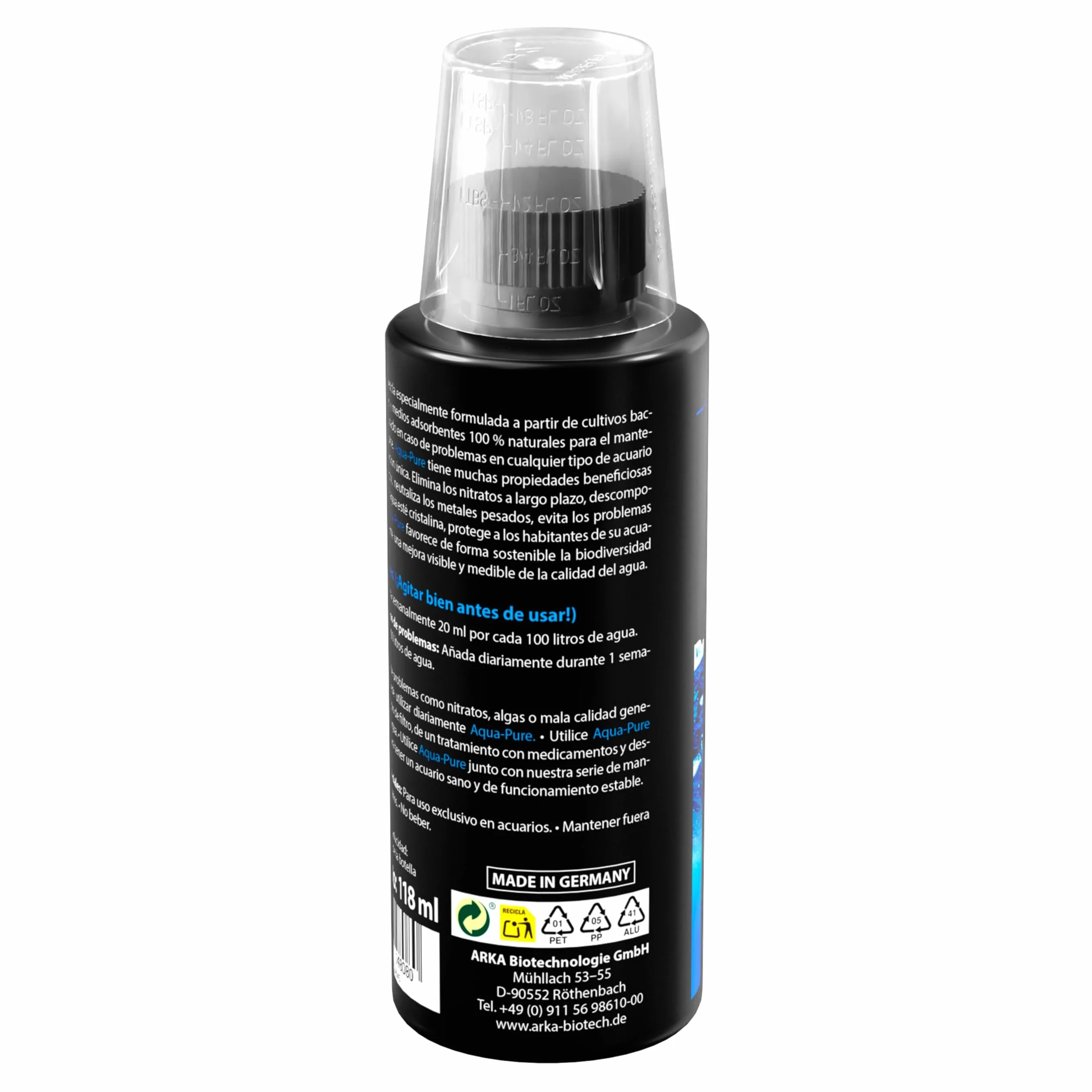 Aclarador de Agua Acuario 118 ml – ARKA Aqua-Pure – Elimina turbidez y residuos – Agua cristalina en acuarios Dulces y Marinos – 100% biológico con bacterias filtrantes – Seguro para Plantas