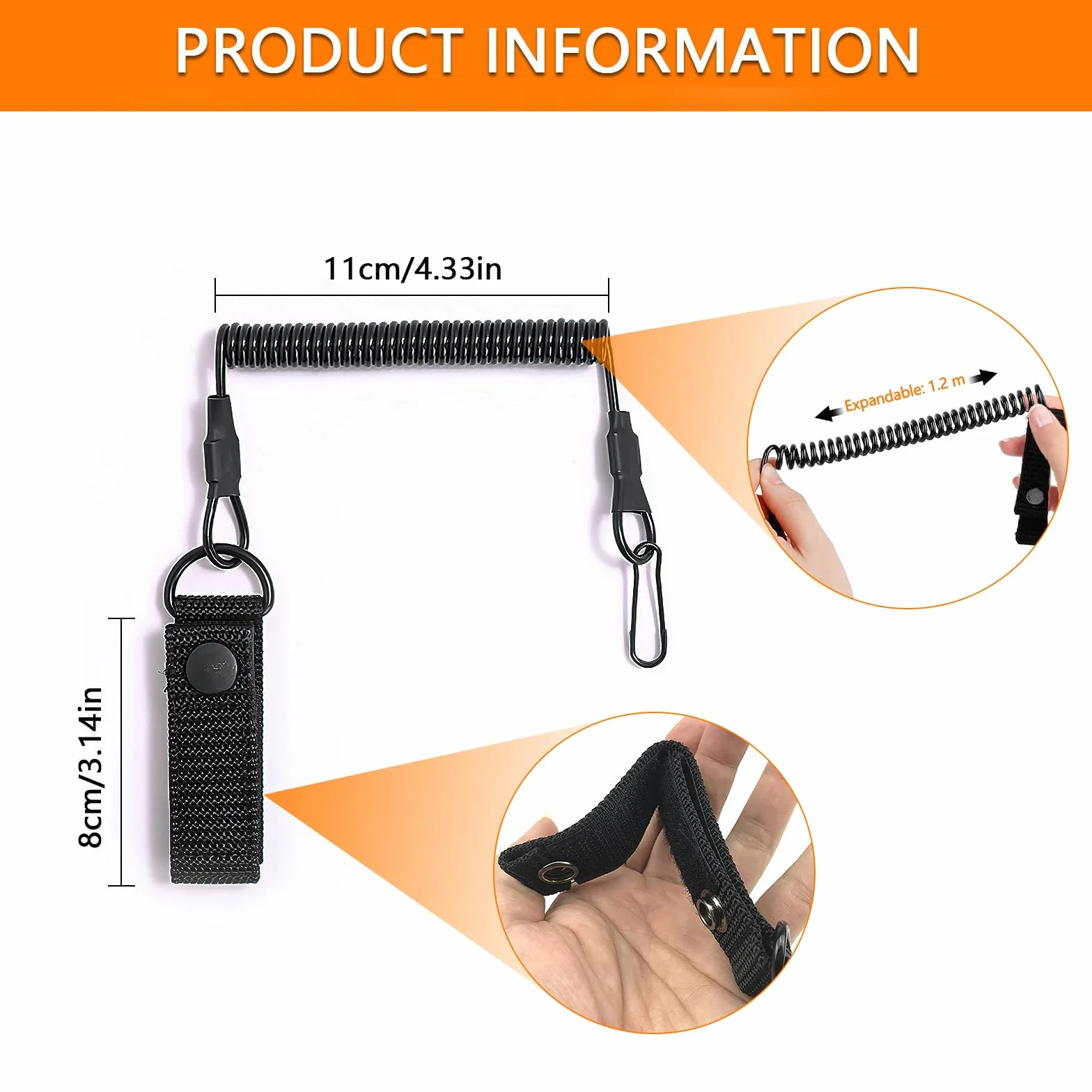 Lanyard Táctico Cuerdas de Seguridad Elásticas con Mosquetón en Espiral Negro