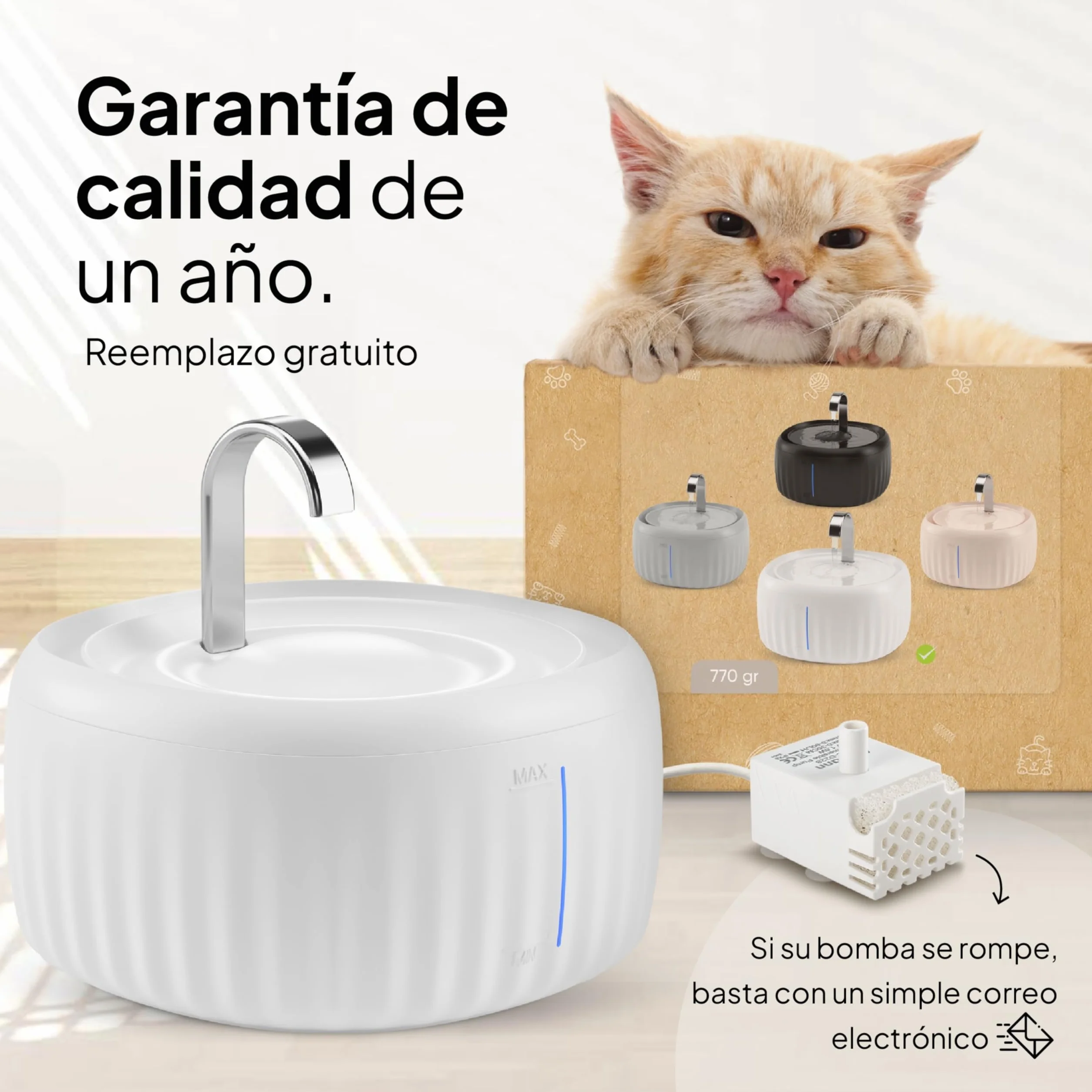 Pretty Paw Fuente de Agua para Gatos 3L con Indicador LED MIN/MAX - Funcionamiento Silencioso y Fácil Limpieza, Bebedero Automático con Filtro para Interior - Aquaflow (Blanco)