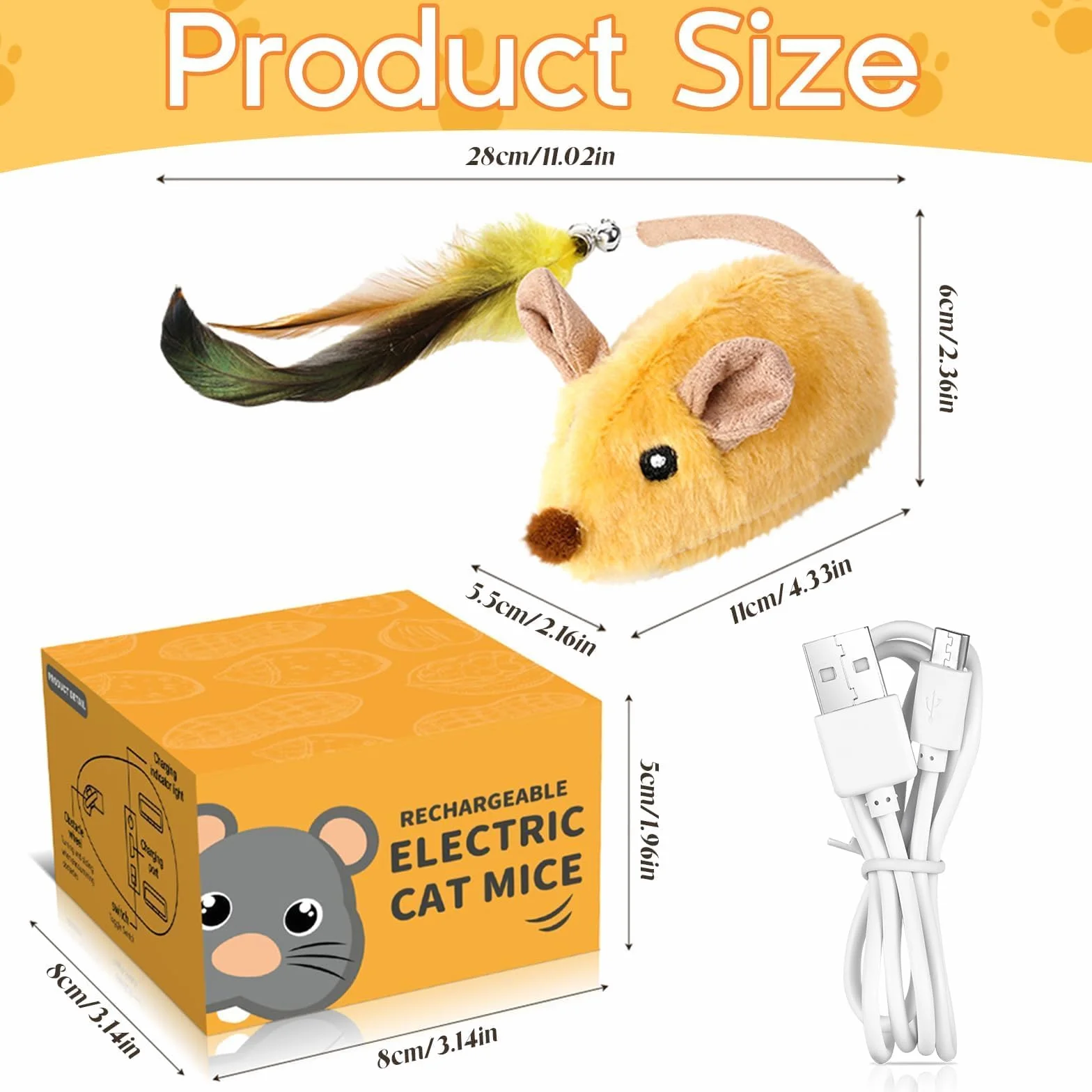 TaimeiMao Ratón de Juguete Eléctrico, Ratón de Simulación Peluche con Cola Emplumada, Juguetes para Gatos Interactivos con Cable USB, Amarillo