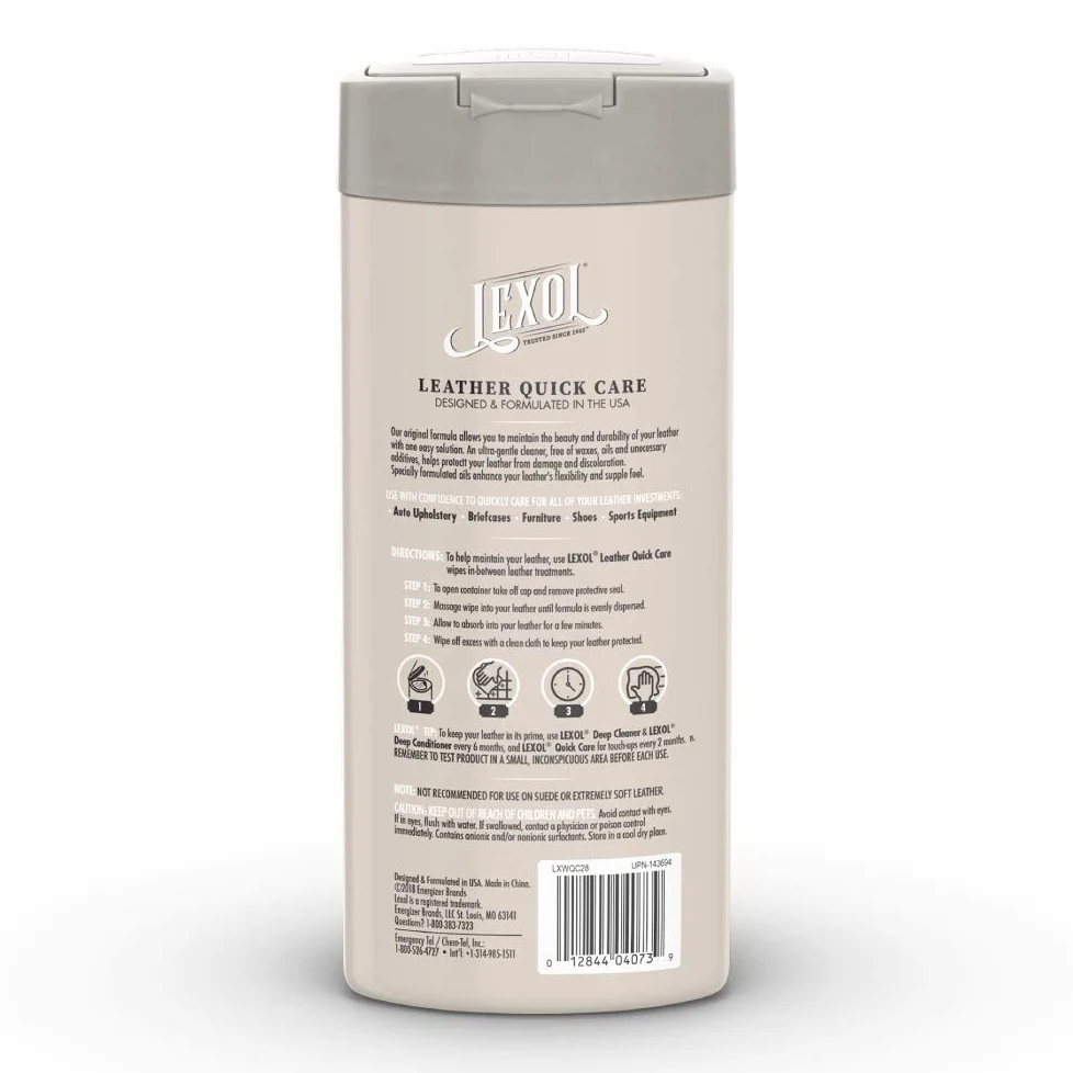 Lexol All Leather Quick Care - Fórmula todo en uno, el mejor limpiador y acondicionador de piel, para uso en aparatos de cuero, interiores de coche, zapatos, bolsas, toallitas de hojas de 28 cuentas,