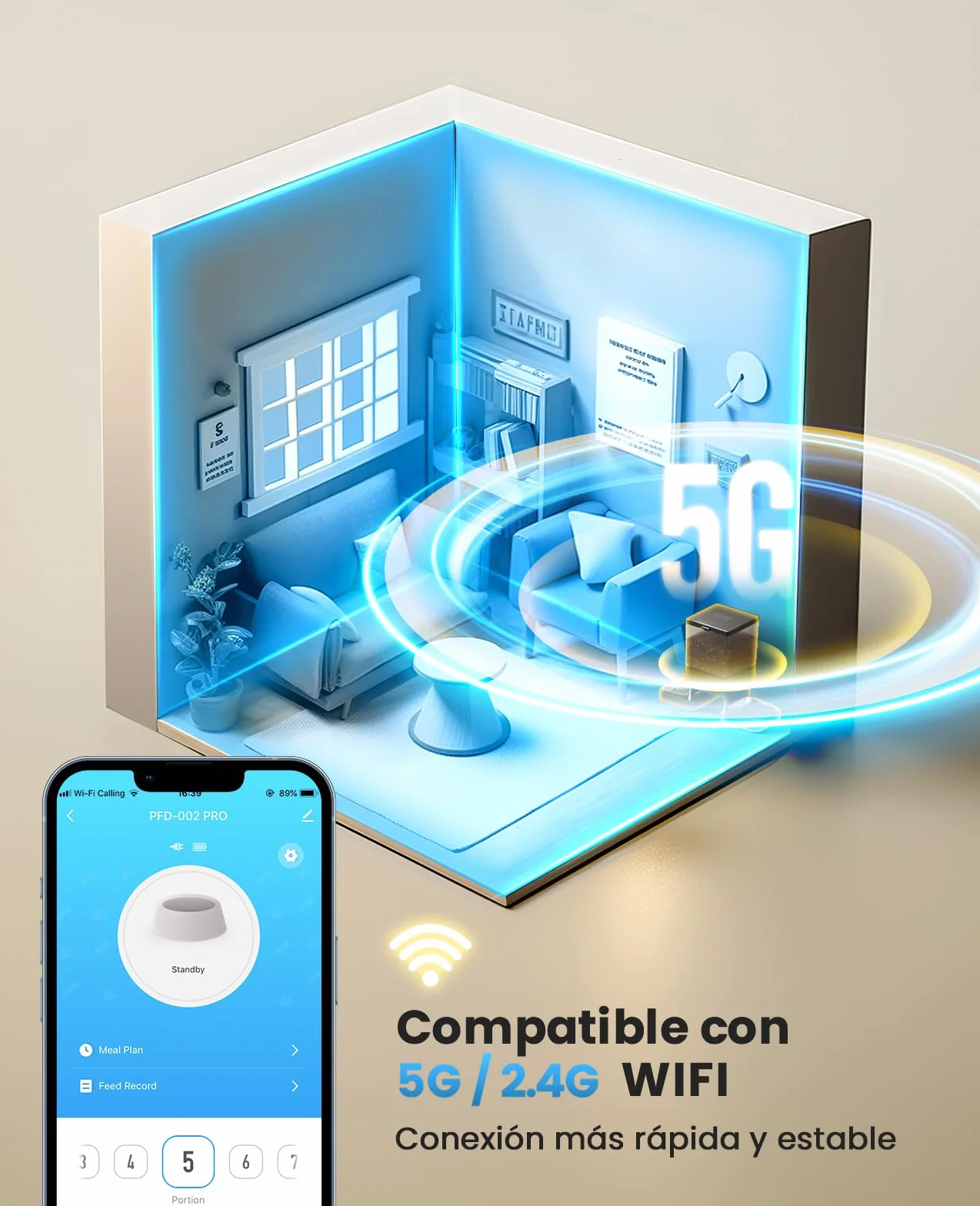 oneisall 5L Comedero Automático Gato 2 Tazones, 5G/2.4G WiFi Máquina de Comida Inteligente para Gatos/Perros, fácil Operación con Control App, con 2 Tazones de Acero Inoxidable, Grabadora de Voz