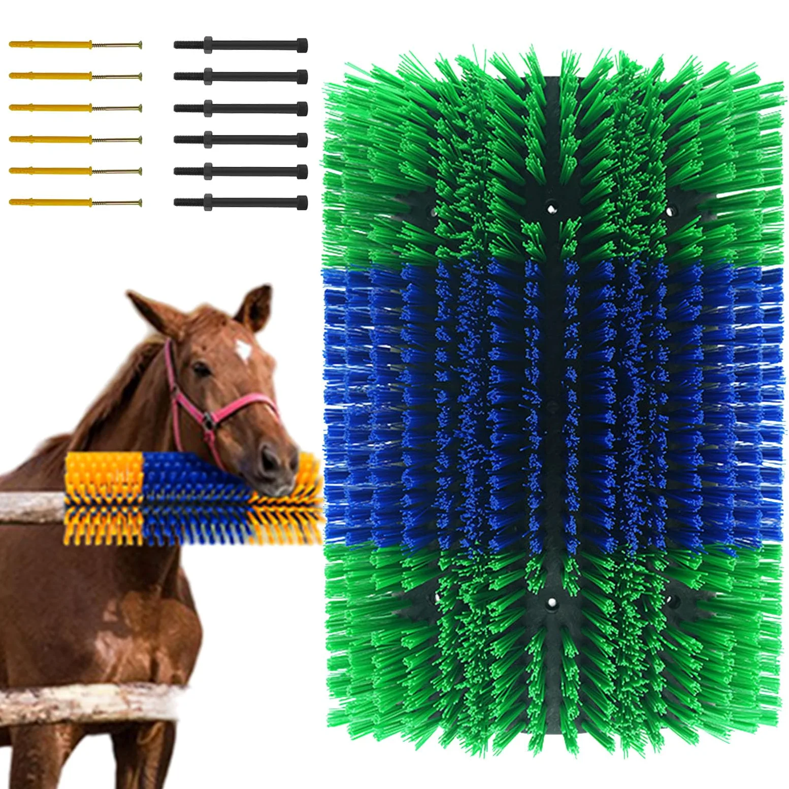 Cepillo para rascar ganado, cepillo para caballos con 6 tornillos, cepillo para rascar universal, poste para rascar vacas, cerdas de poliamida duraderas grandes