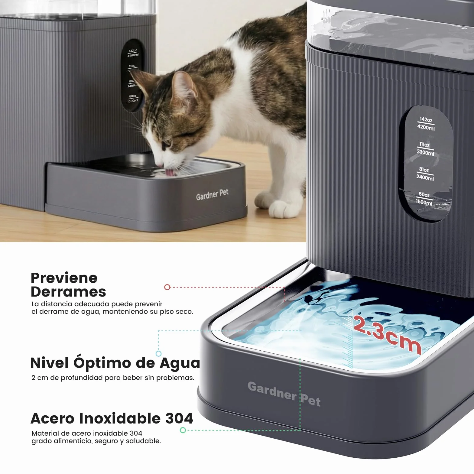 Gardner Pet dispensador Agua Gatos automático de 6.5L, Bebedero Perro automatico por Gravedad con Cuenco de Acero Inoxidable, dispensador de Agua para Perros, sin Electricidad, Libre de BPA - Gris