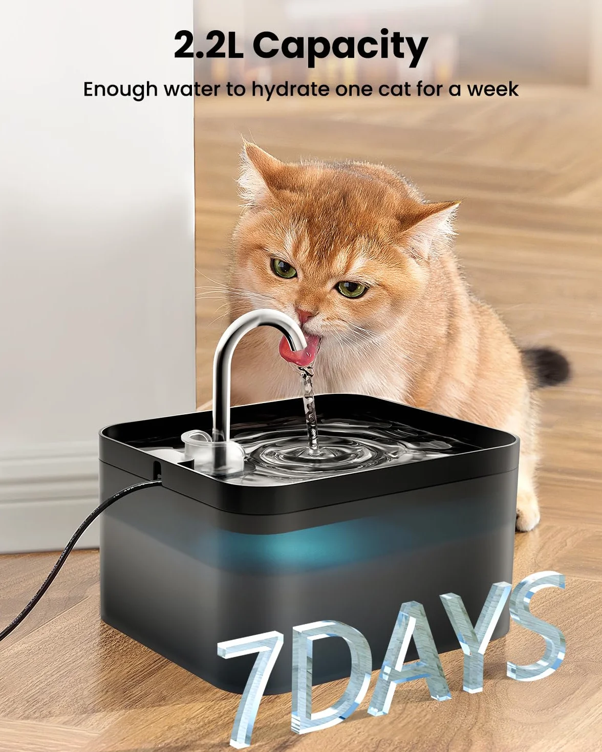 Fuente para Gatos, 2,2L Bebedero Gatos, Súper Silenciosa, Fácil de Limpiar, Fuente de Agua para Perros con LED y Filtro de Carbón Activado, Dos Patrones de Flujo de Agua