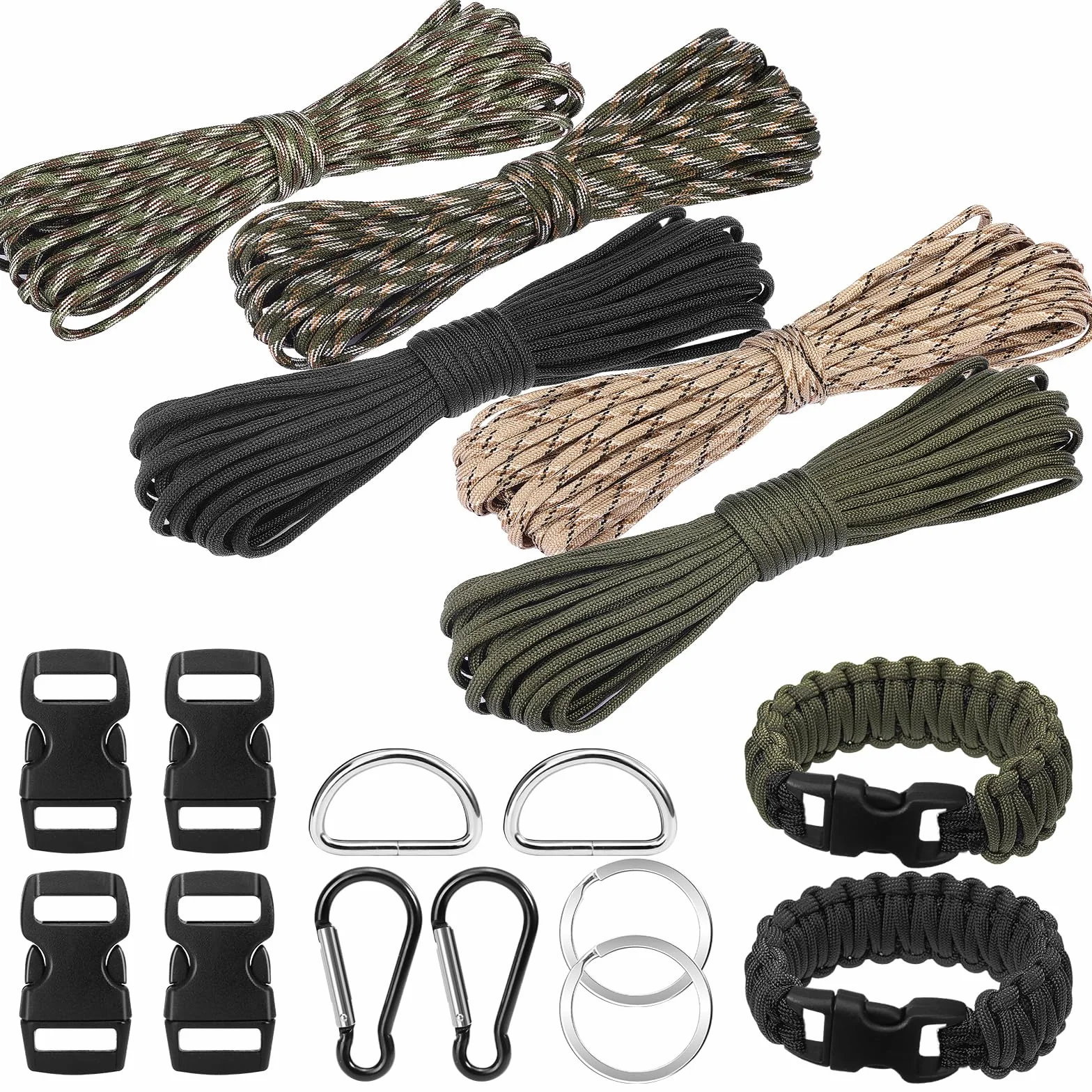 Paracord Pulsera Kit 15 Piezas 5 Rollos 33ft 10m 4mm Cuerda Nylon Hebillas Mosquetones Llaveros Manualidades Acampar