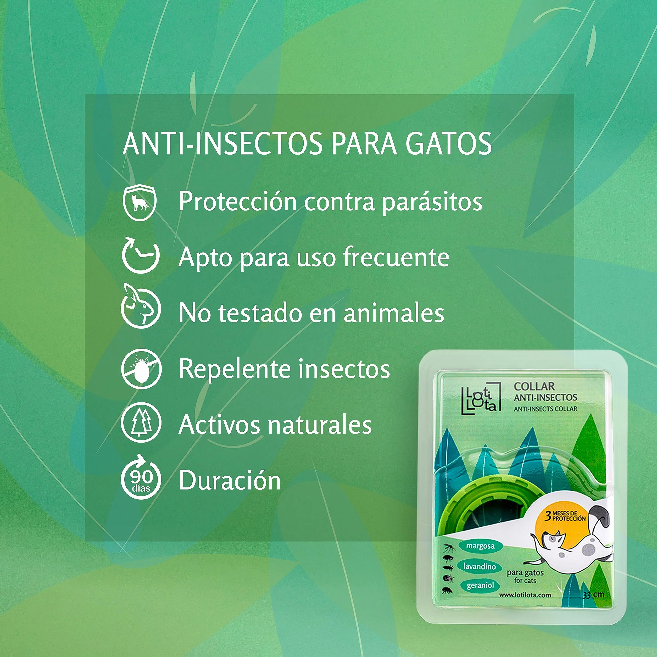 Collar Anti-Insectos para Gatos - Activos Naturales - Geraniol, Margosa, Lavandino - 33 cm Ajustable - Resistente al Agua -