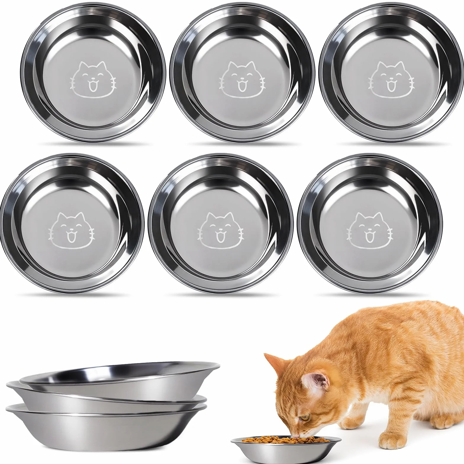 6 Piezas Cuenco para Gato Inoxidable 304, Cuenco Plano para Gatos Aliviar La Fatiga de Los Bigotes, para Alimentación de Cachorros Gatos 14,5 × 3 cm