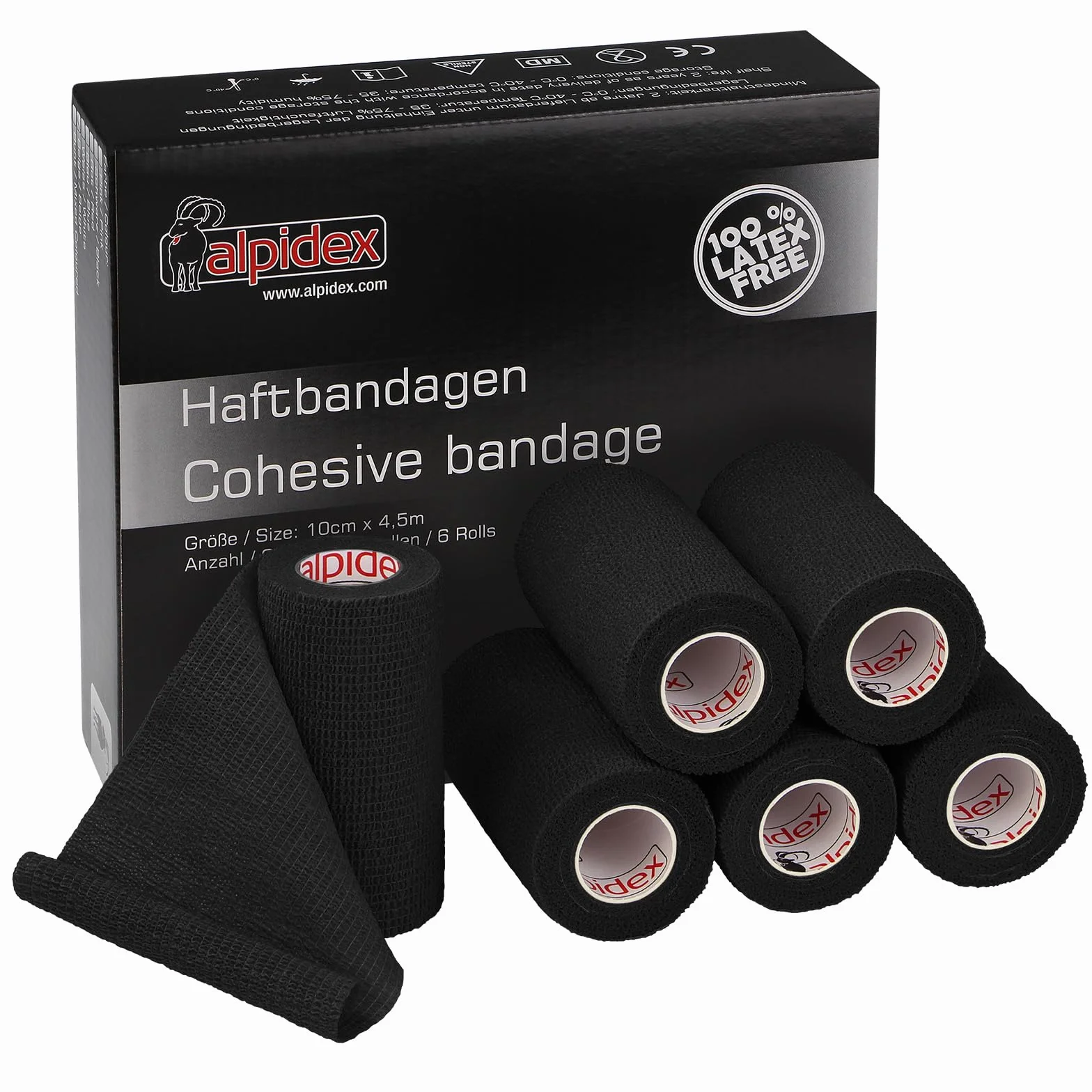 ALPIDEX 6 Rollos Venda Adhesiva 10 cm x 4,5 m Venda Cohesiva Envoltura Tape Deportiva Bendaje Autoadhesiva Mano Rodillas Tobillo Vet Wrap Perro Gato Caballo, Color:negro