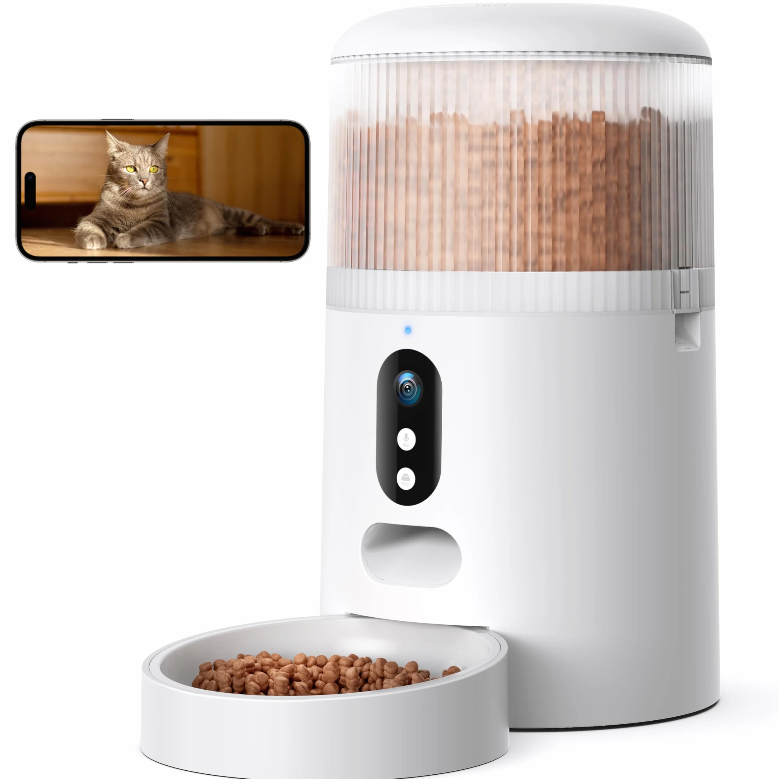 Faroro Comedero Gato Automatico WiFi, 3MP HD Cámara con Visión Nocturna, 4L Alimentador para Perros/Gatos con Audio Bidireccional, App Control, Detección de Movimiento y Fuente de Alimentación Dual