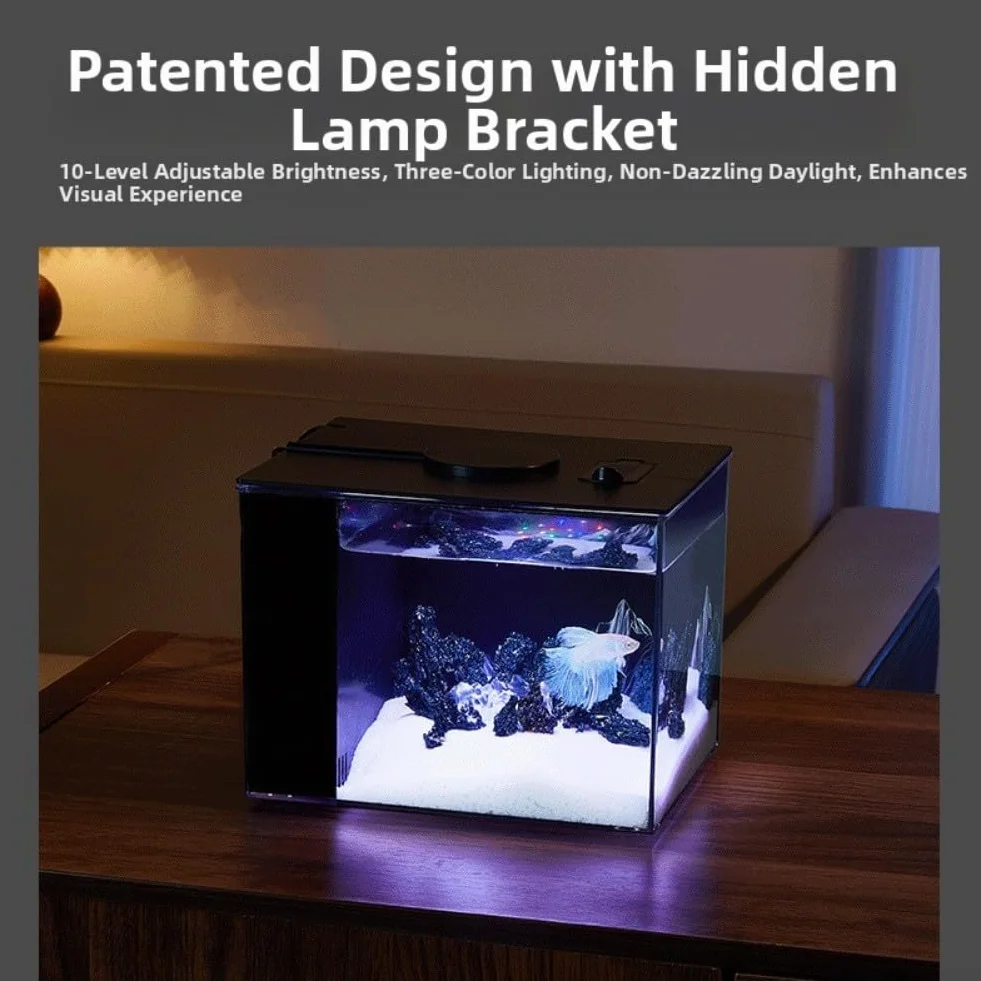 Para mini pecera de escritorio con filtro, kit de acuario autocirculante, luz LED ajustable, silencioso, ecológico, cilindro de mesa, negro transparente (S)