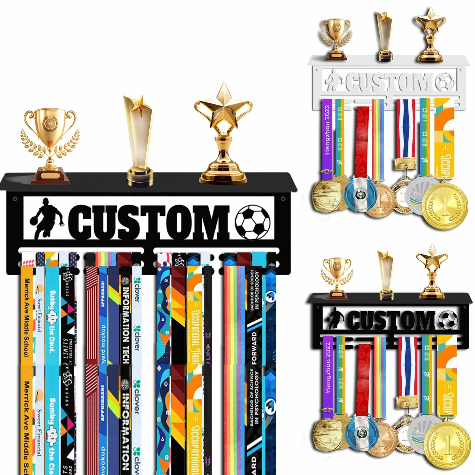 Perchero de medallas personalizado de acero, estante para premios y cintas, soporte de pared con diseño de nombre y deporte