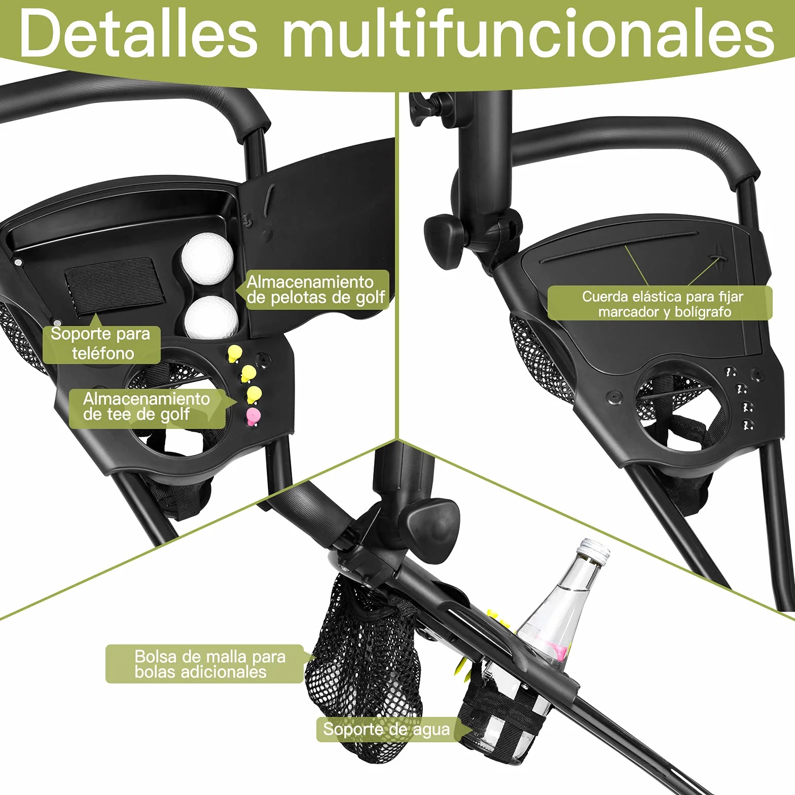 GYMAX Carro de Golf Plegable, 3 Ruedas, Red de Malla, Soporte Paraguas, Hierro, Negro
