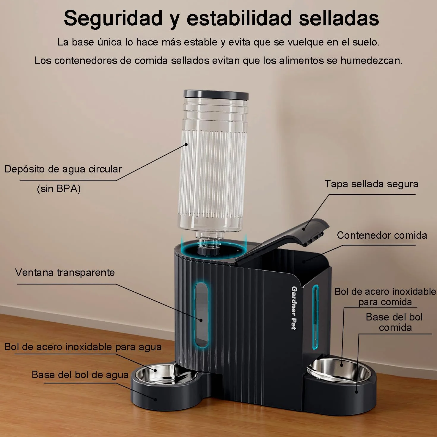 Gardner Pet 2 en 1 Comedero Gato Automatico (3L*2), Dispensador Comida y Agua, Bebedero Perro con Bol Acero Inoxidable, Dispensador Comida Gatos Gravedad,Sin BPA,No Eléctrico-Negro