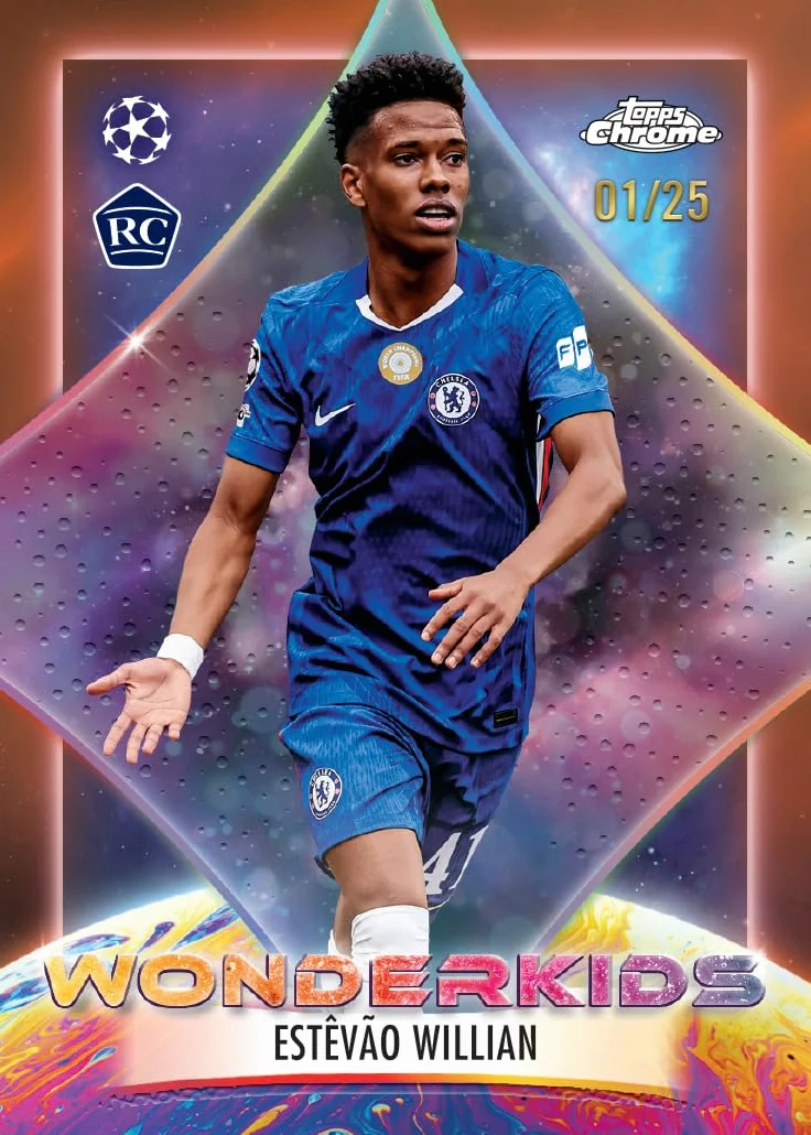 Topps Chrome UEFA Club Competitions 2025-26 Caja de valor 7 paquetes 4 tarjetas