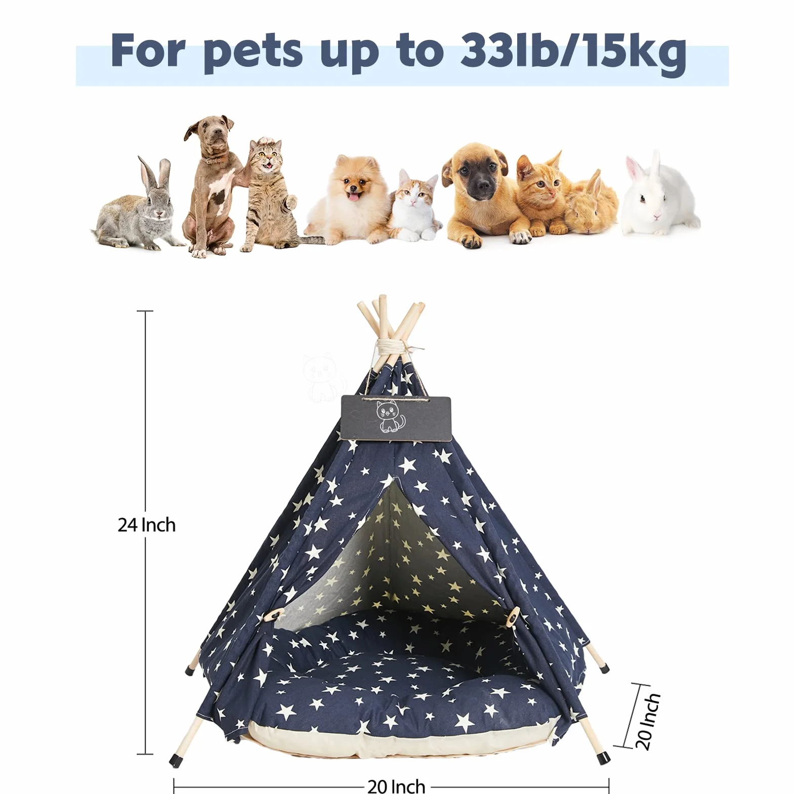 Tienda de Campaña Teepee-61cm Portátil Interior Perro Teepee Cama con Cojín Grueso, Lavable Azul Marino Estrellas Patrón Teepee Tienda Casa para Cachorro y Gato
